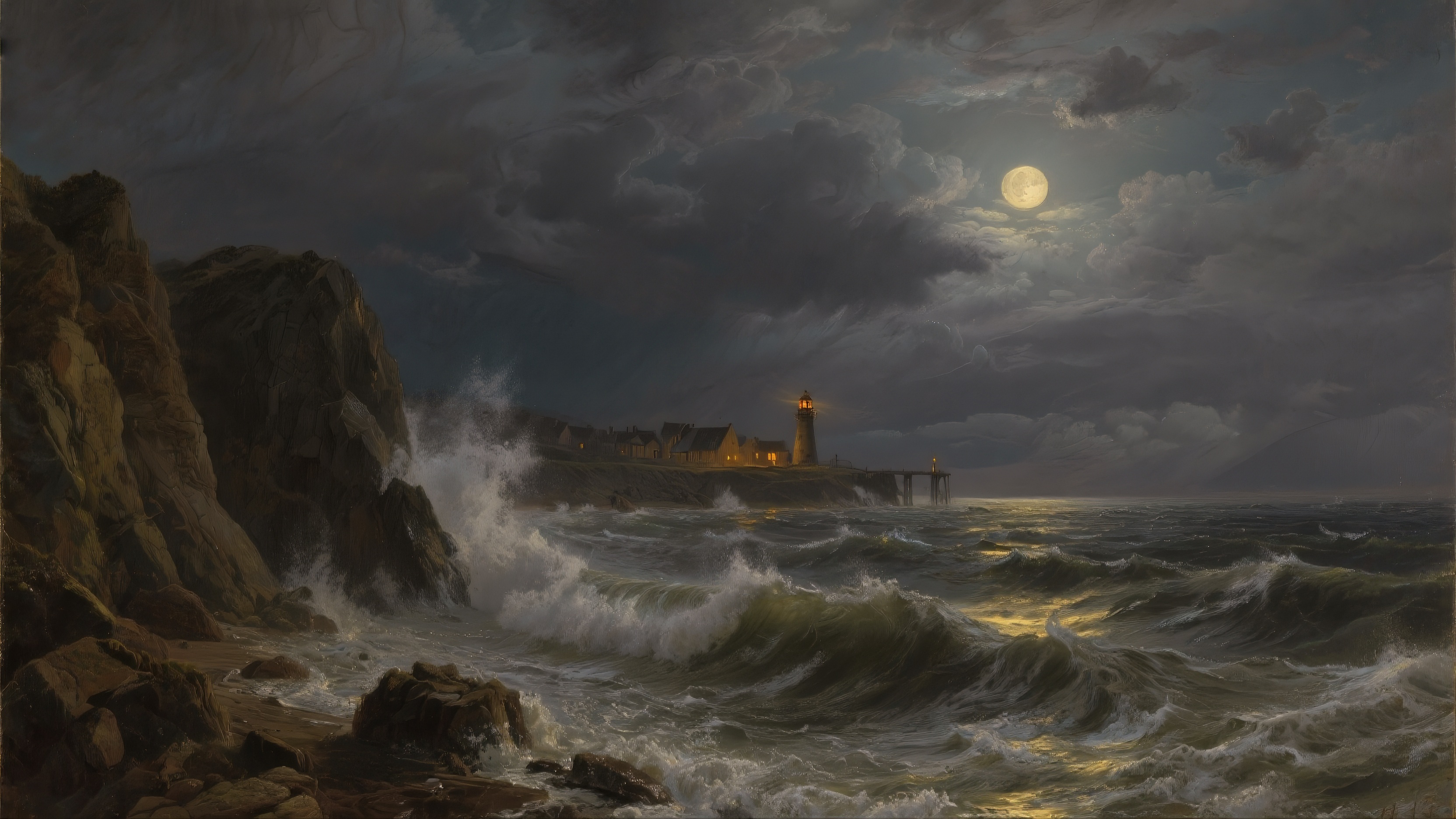 Картина с изображением волн и огней