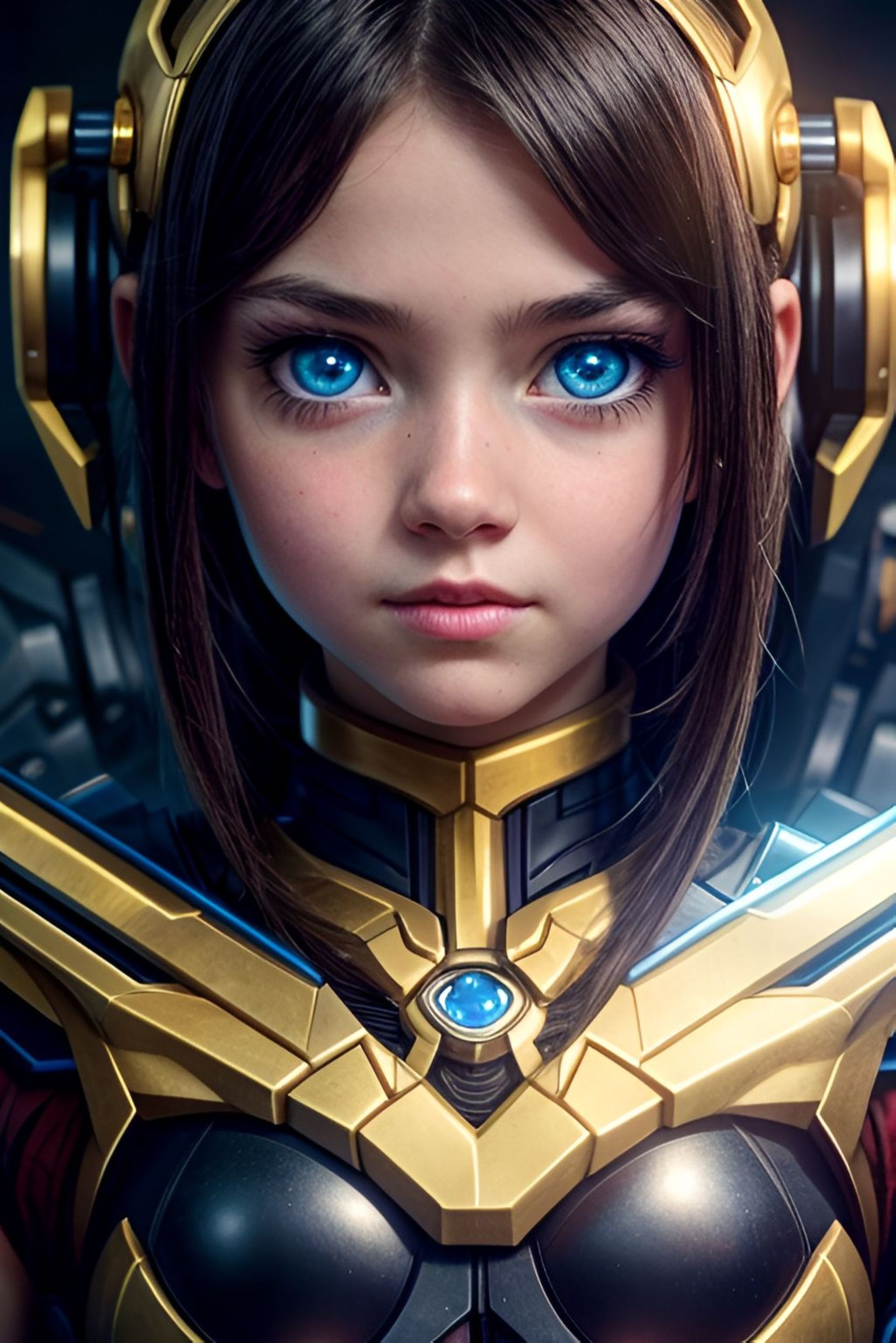 A girl, a robot, with brown hair and blue eyes.