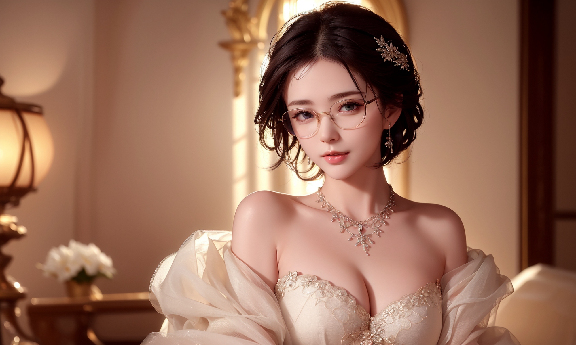Free photo Asian woman with glasses in a wedding dress
