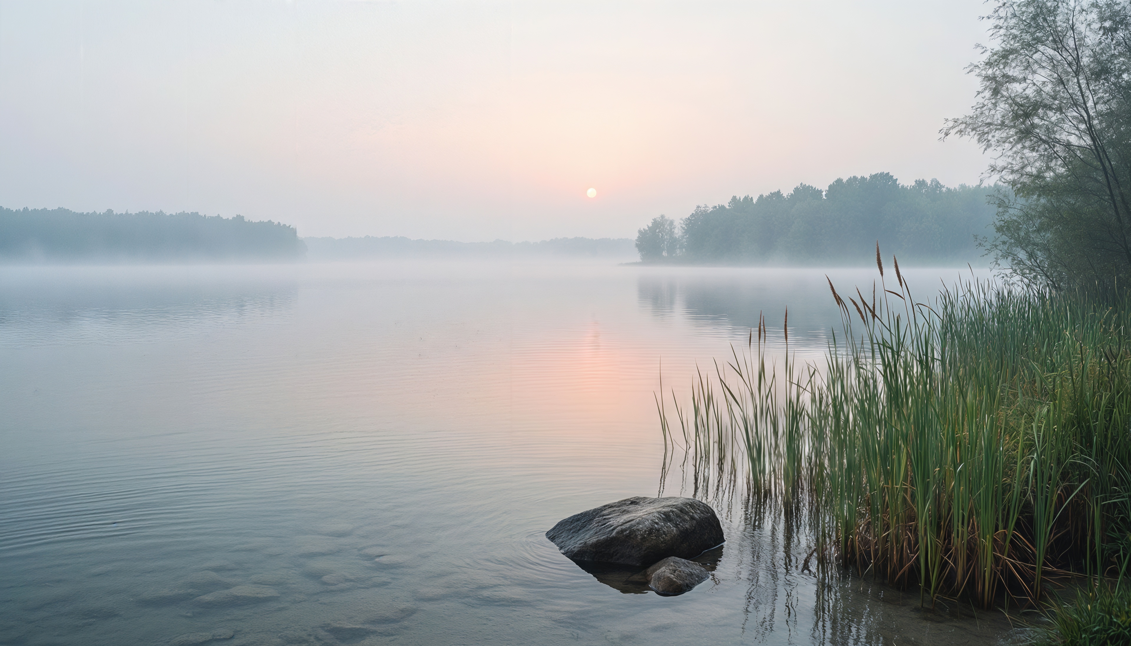 Бесплатное фото Туманное утро на озере: солнце едва пробивается сквозь дымку.
