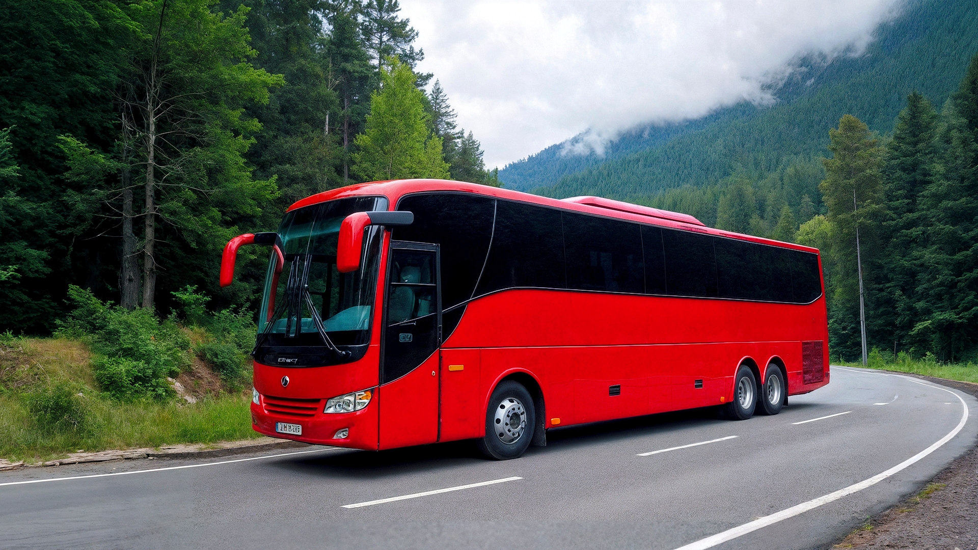 Бесплатное фото Красный туристический автобус стоит на дороге на фоне леса