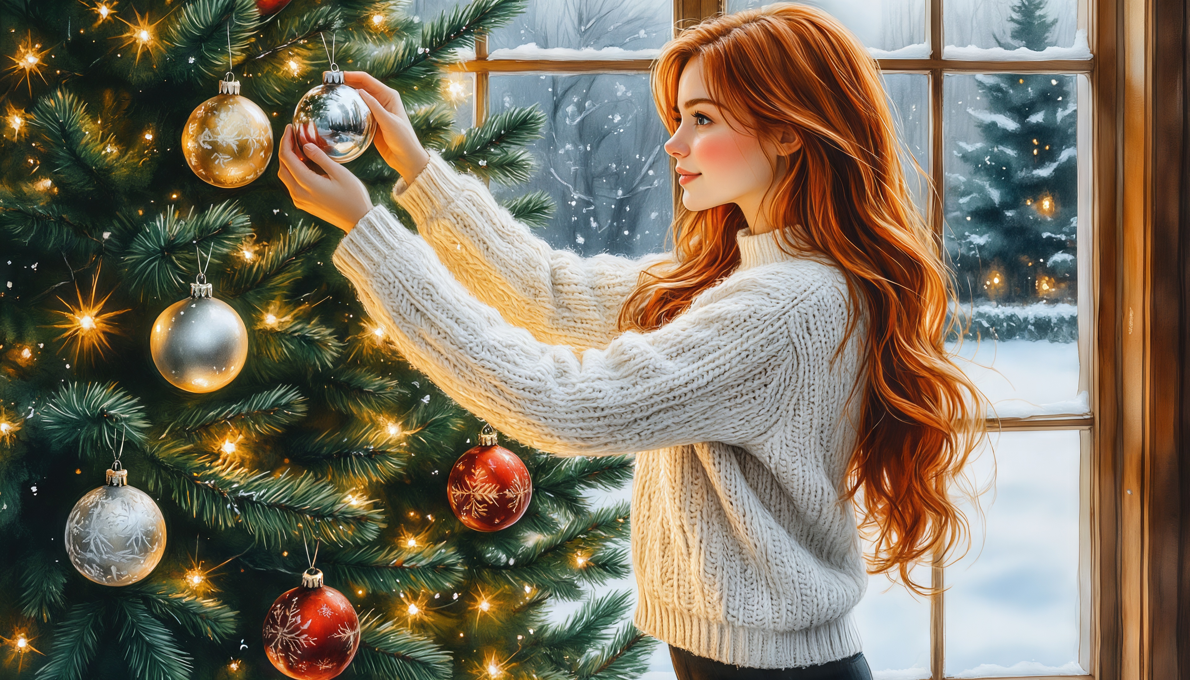 Бесплатное фото Рыжеволосая девушка в уютном свитере бережно вешает шар на ёлку, а за окном шепчет зимний снег.