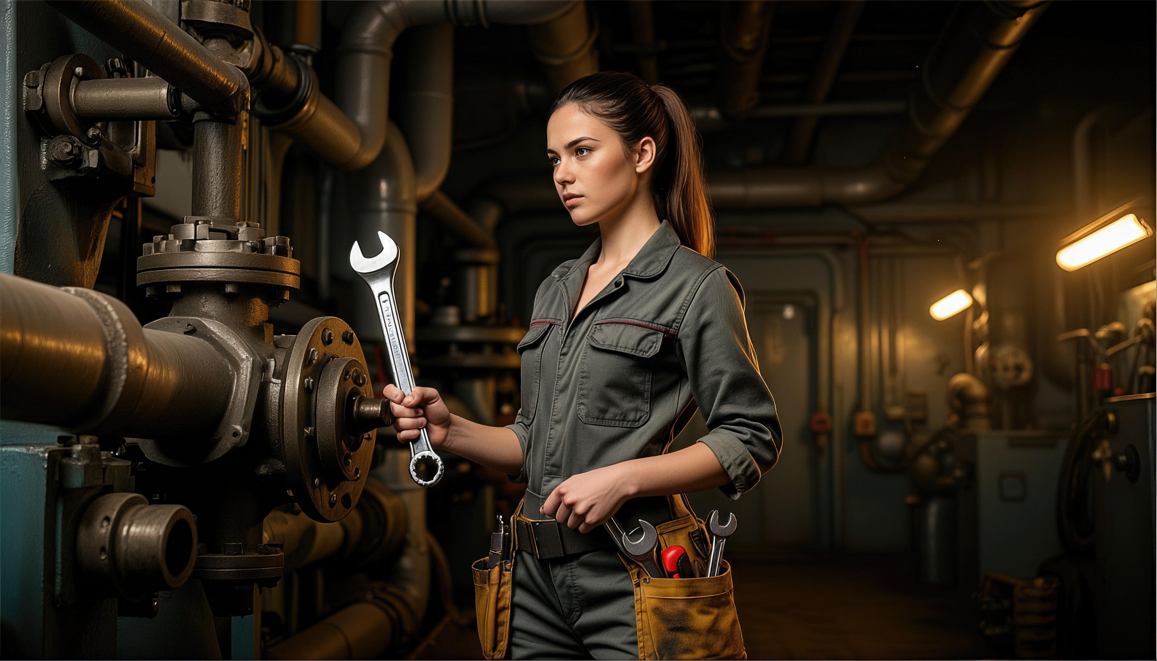 免费照片一个机械女孩用扳手检查工业管道。