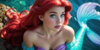 Ариэль с огненно-рыжими локонами и бирюзовым хвостом задумчиво смотрит вдаль, купаясь в лучах солнца.