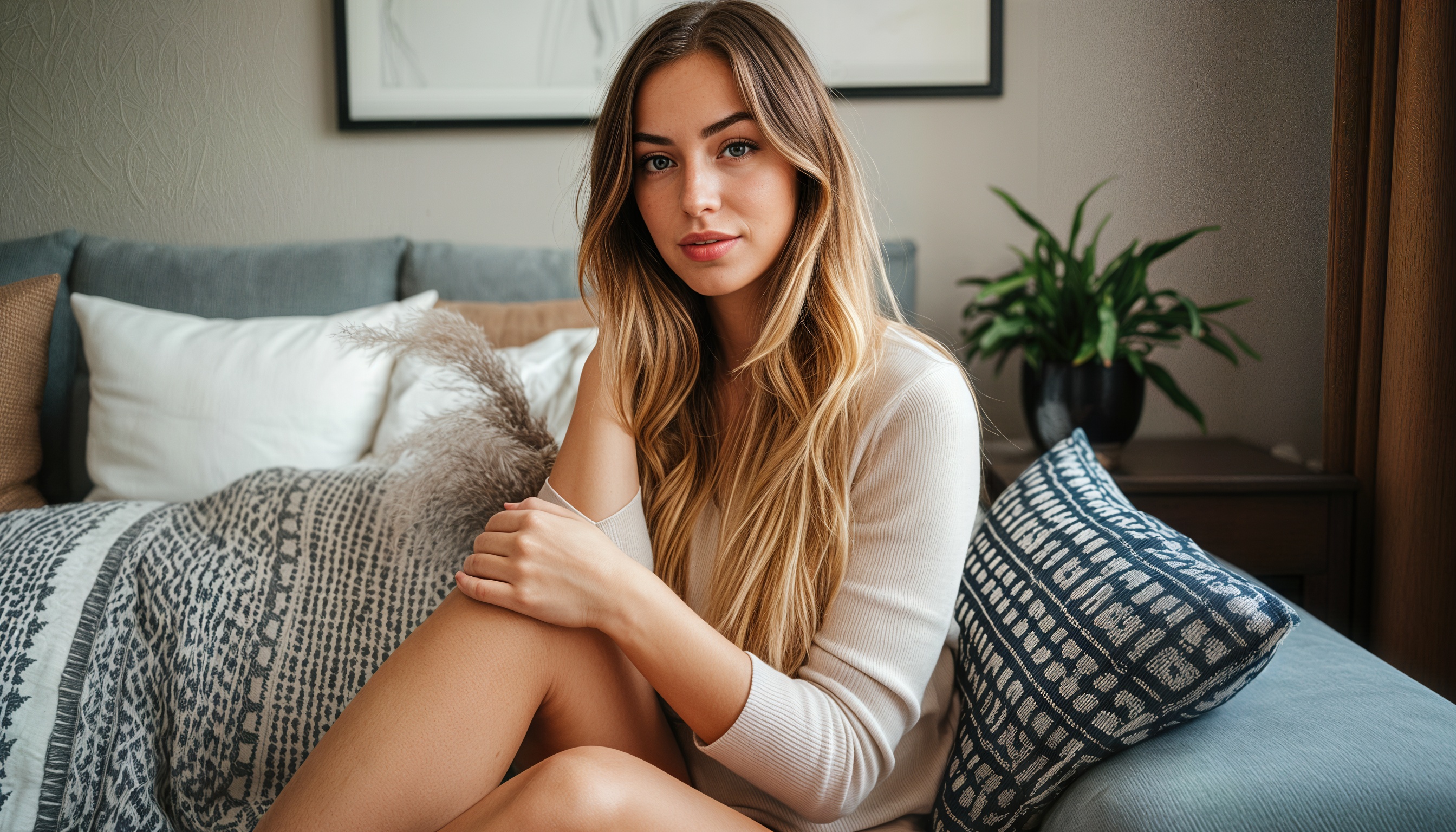 Free photo A girl resting on a couch among pillows, patterned plaid