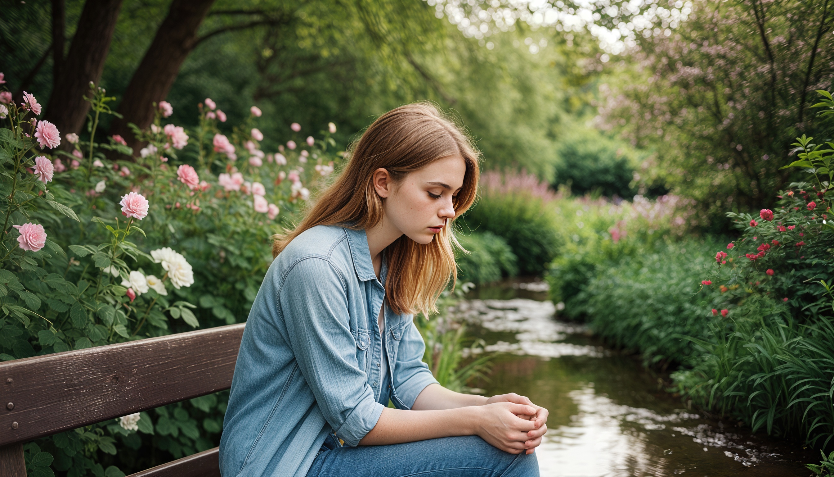 Бесплатное фото Девушка в джинсовой рубашке задумчиво сидит на скамейке у ручья среди цветущих кустов.