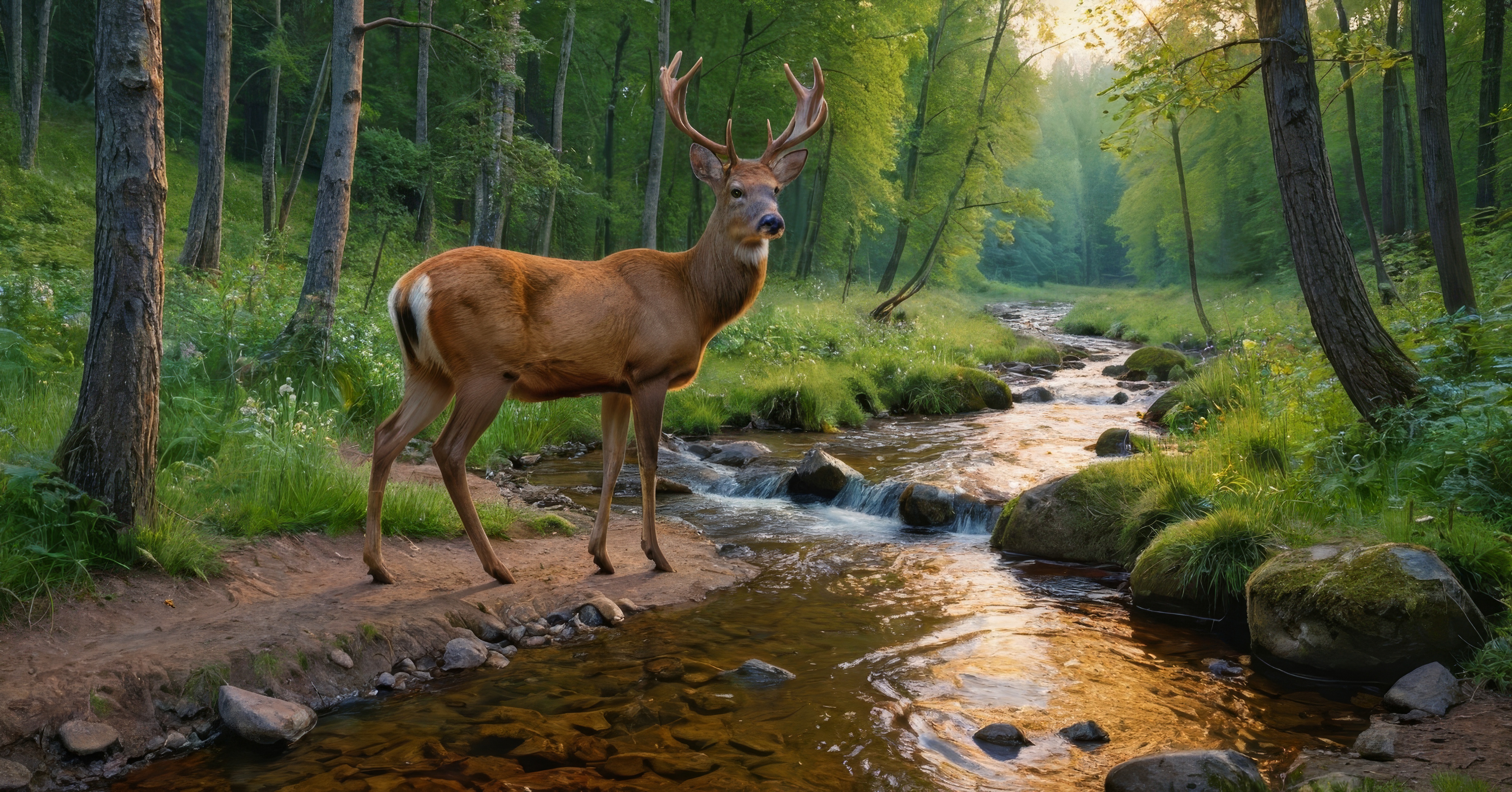 Бесплатное фото Олень смотрит вдаль, спрятав голову в деревьях у ручья