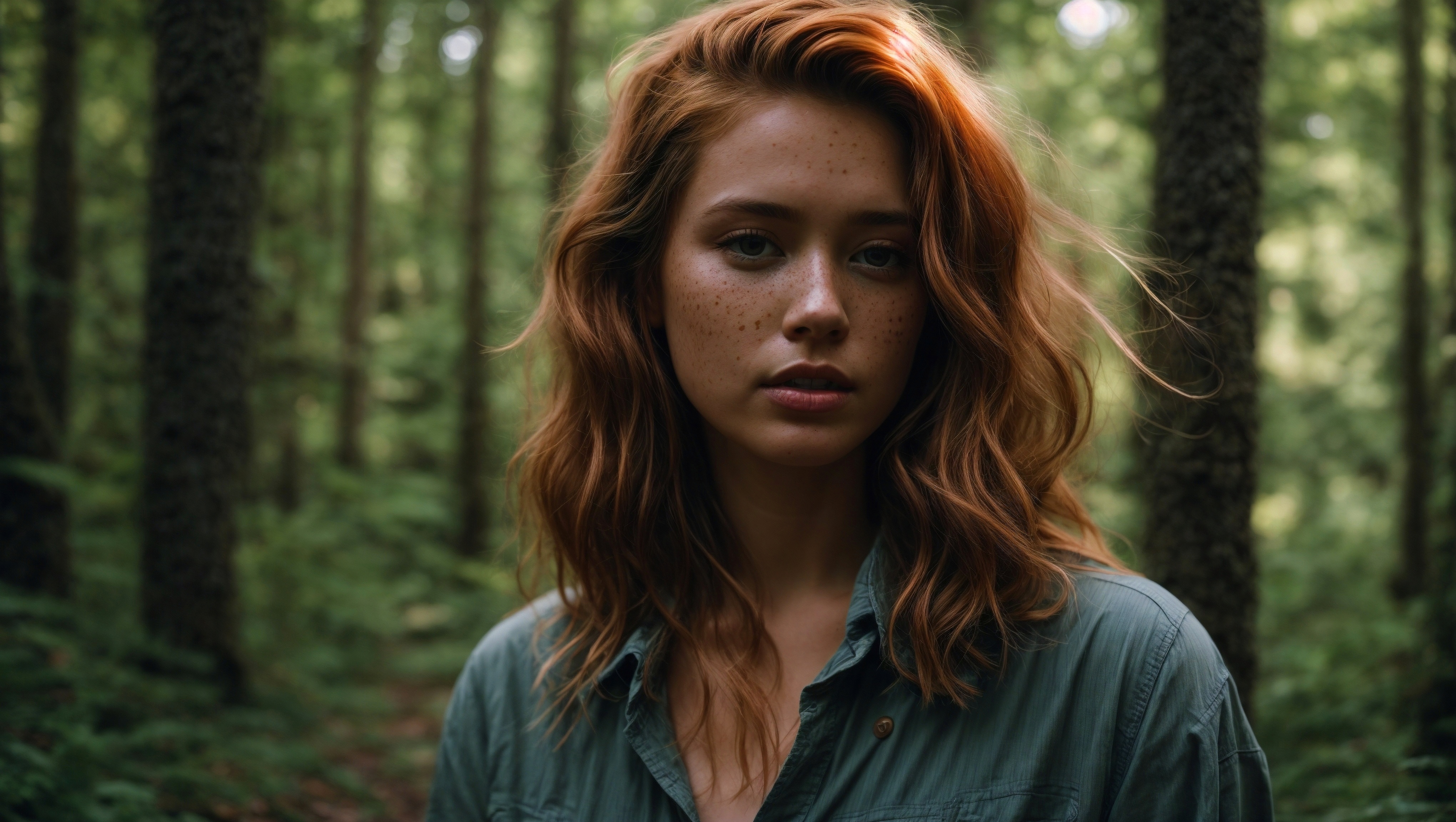 A woman standing in the middle of the woods