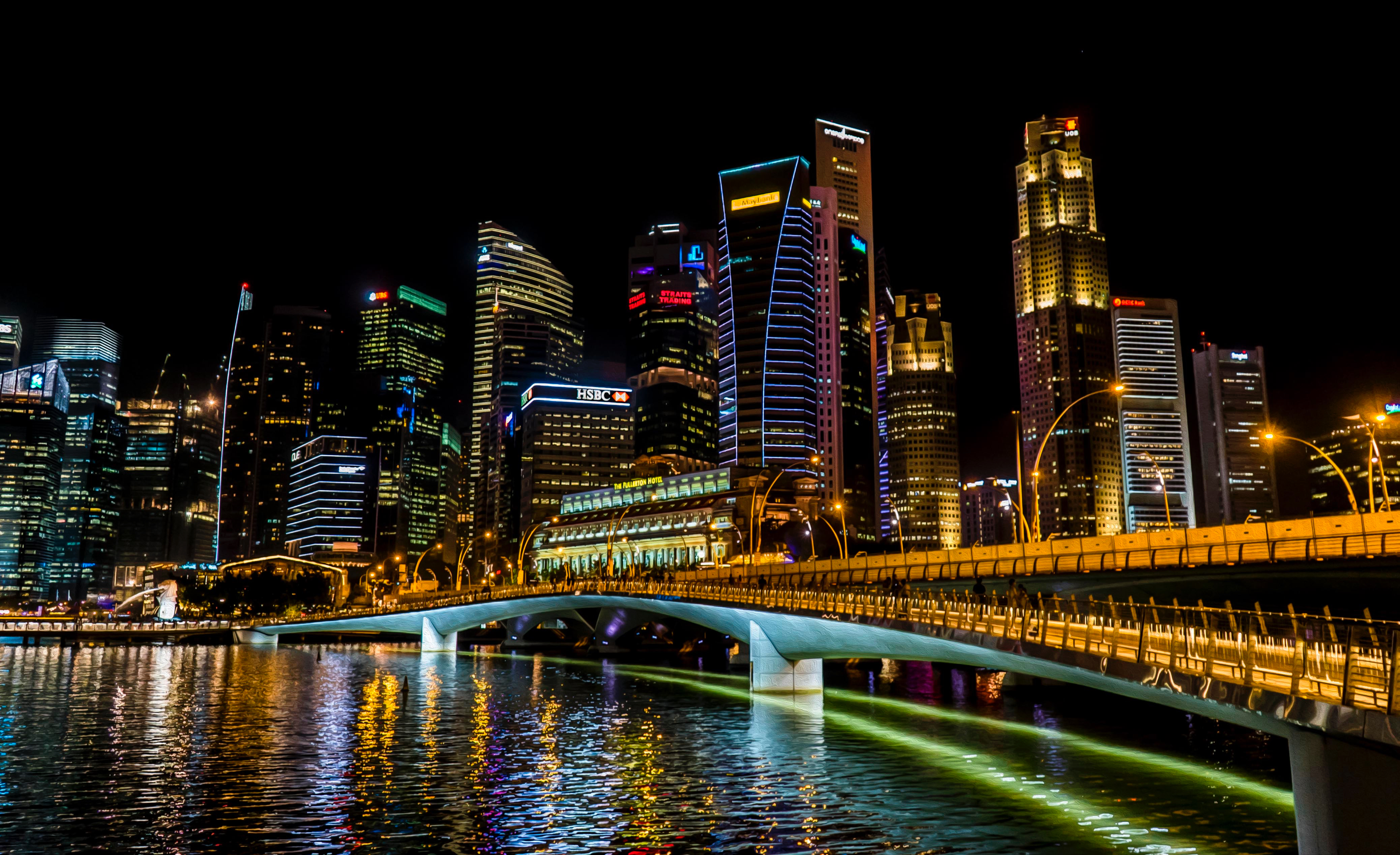 Free photo Night illuminated city with the bridge over the strait