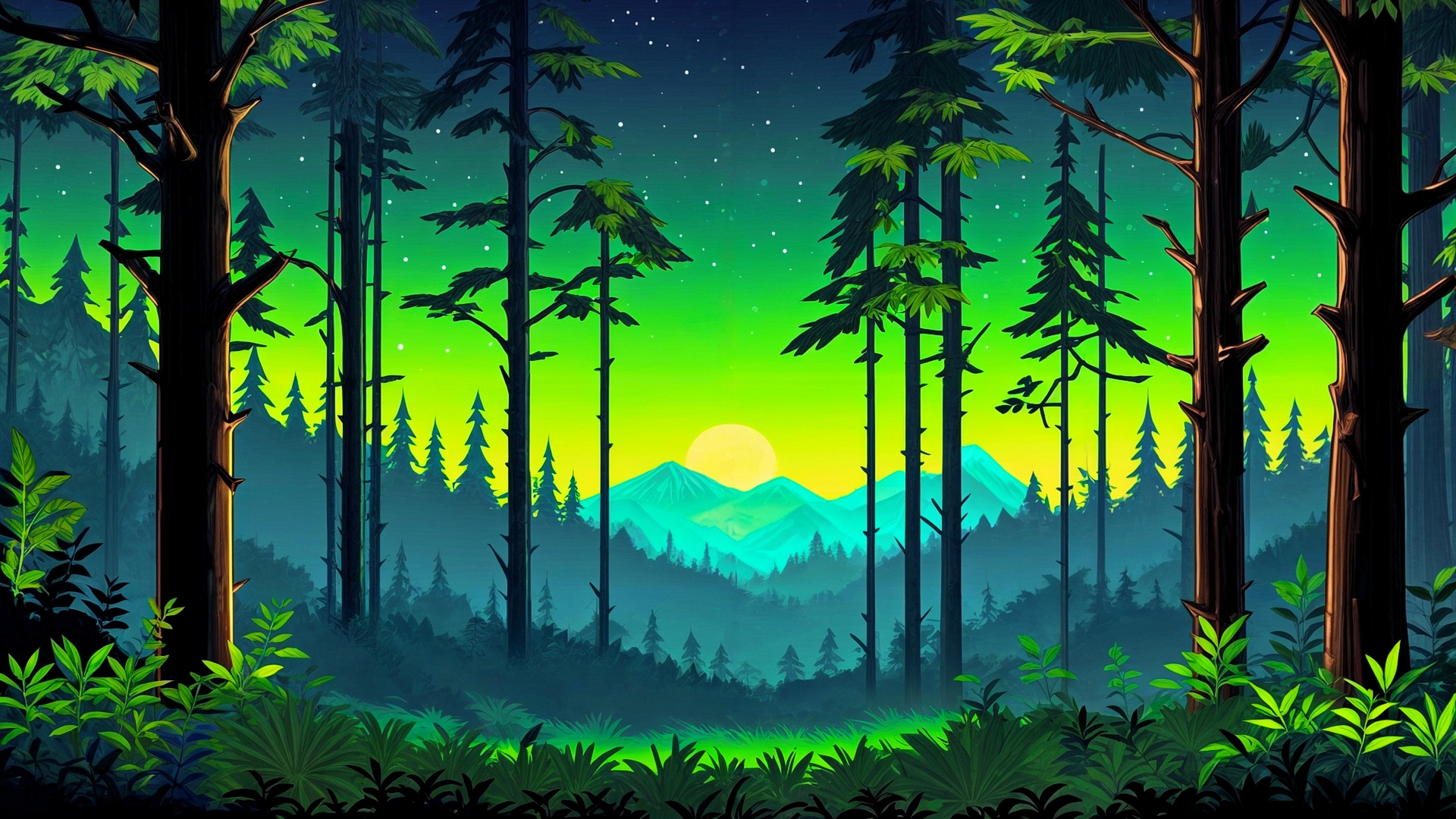 Бесплатное фото Пейзаж ночного леса и звездное небо