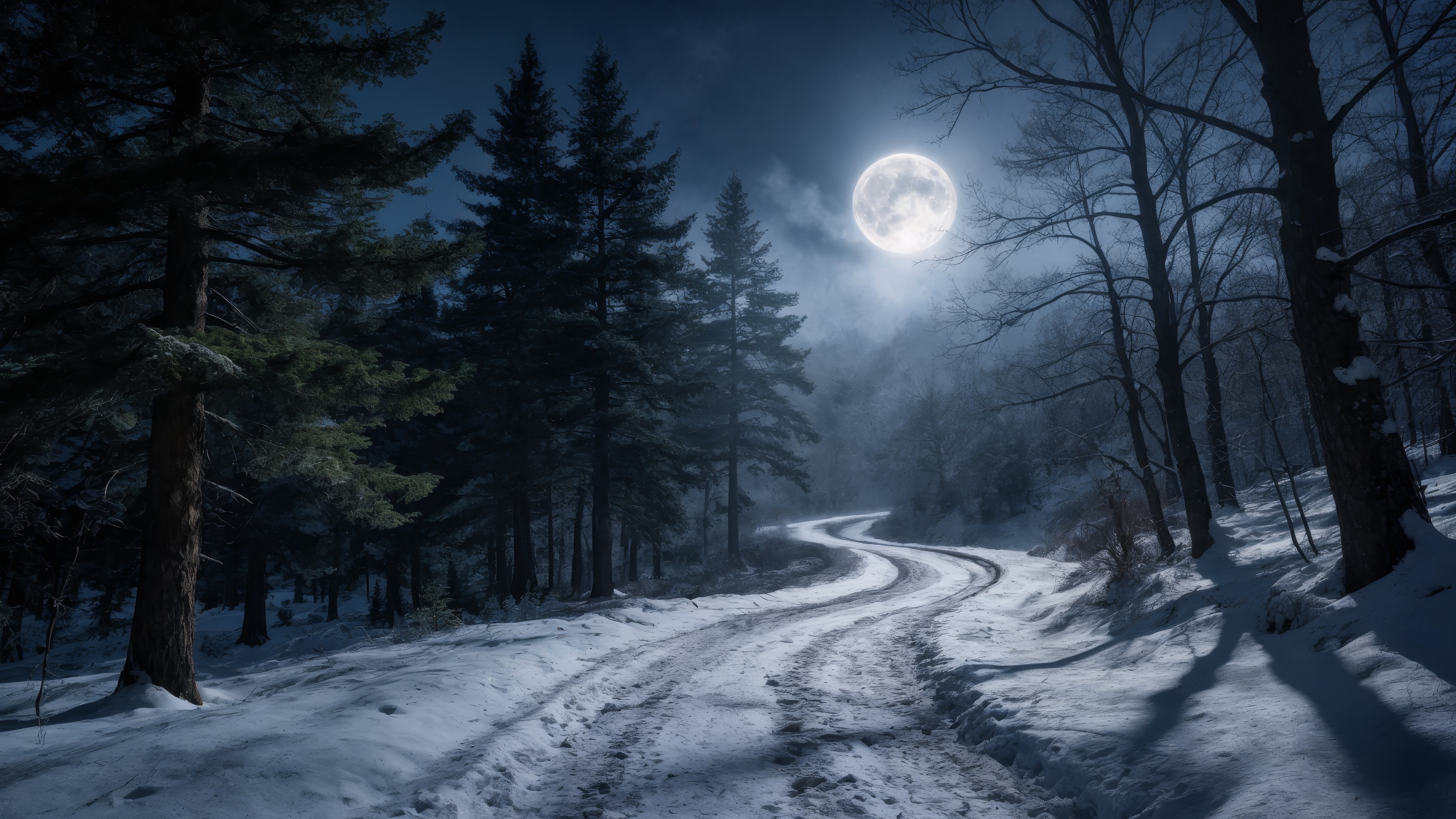 Ночная сцена, изображающая заснеженную дорогу с деревьями по обеим сторонам