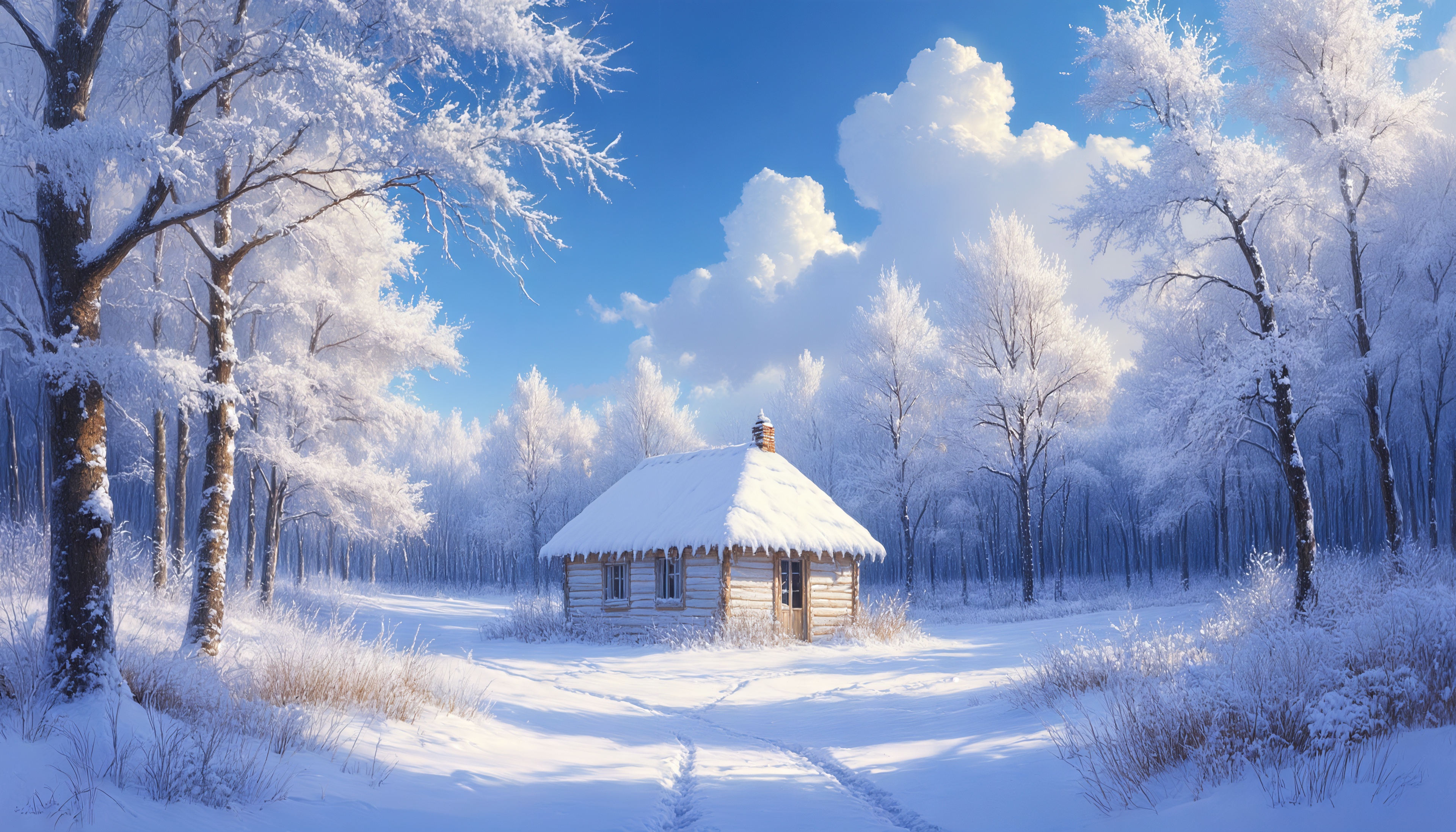 Бесплатное фото Уютная бревенчатая изба затерялась в заснеженном лесу под ясным небом.