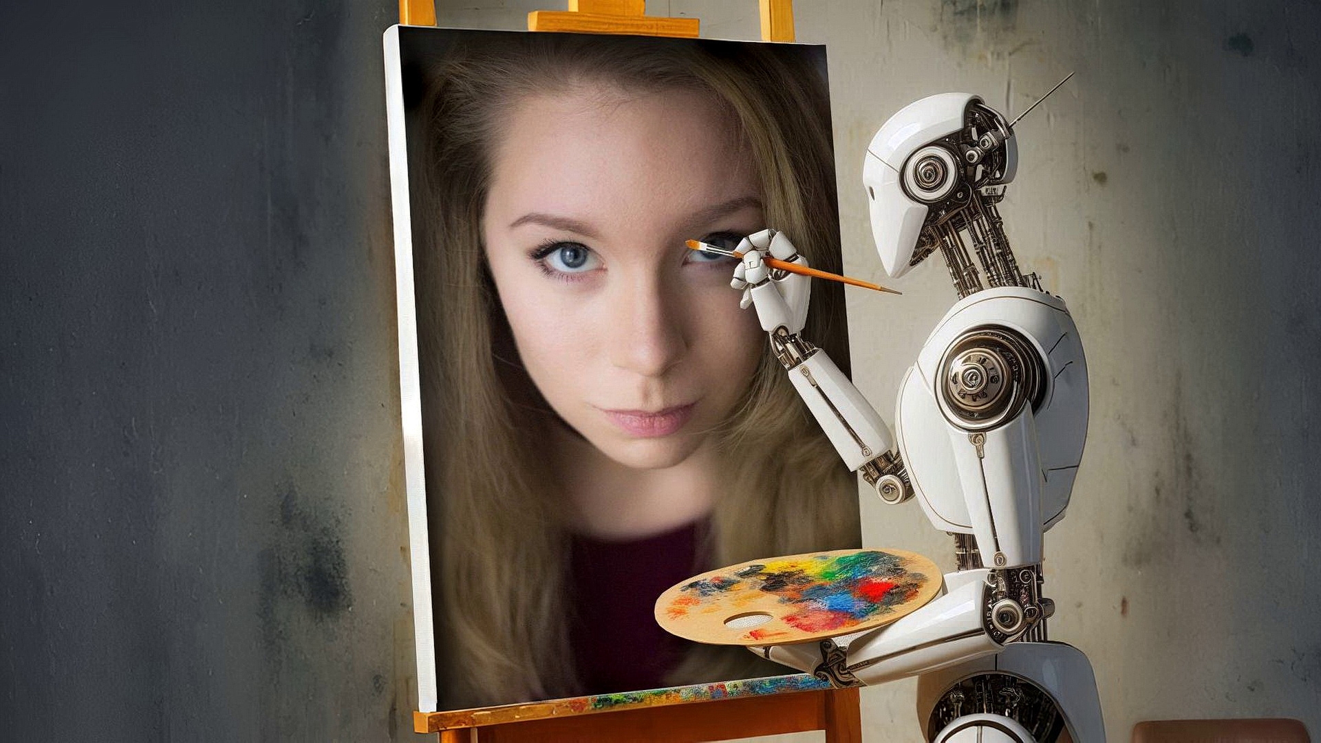 机器人为女孩画像