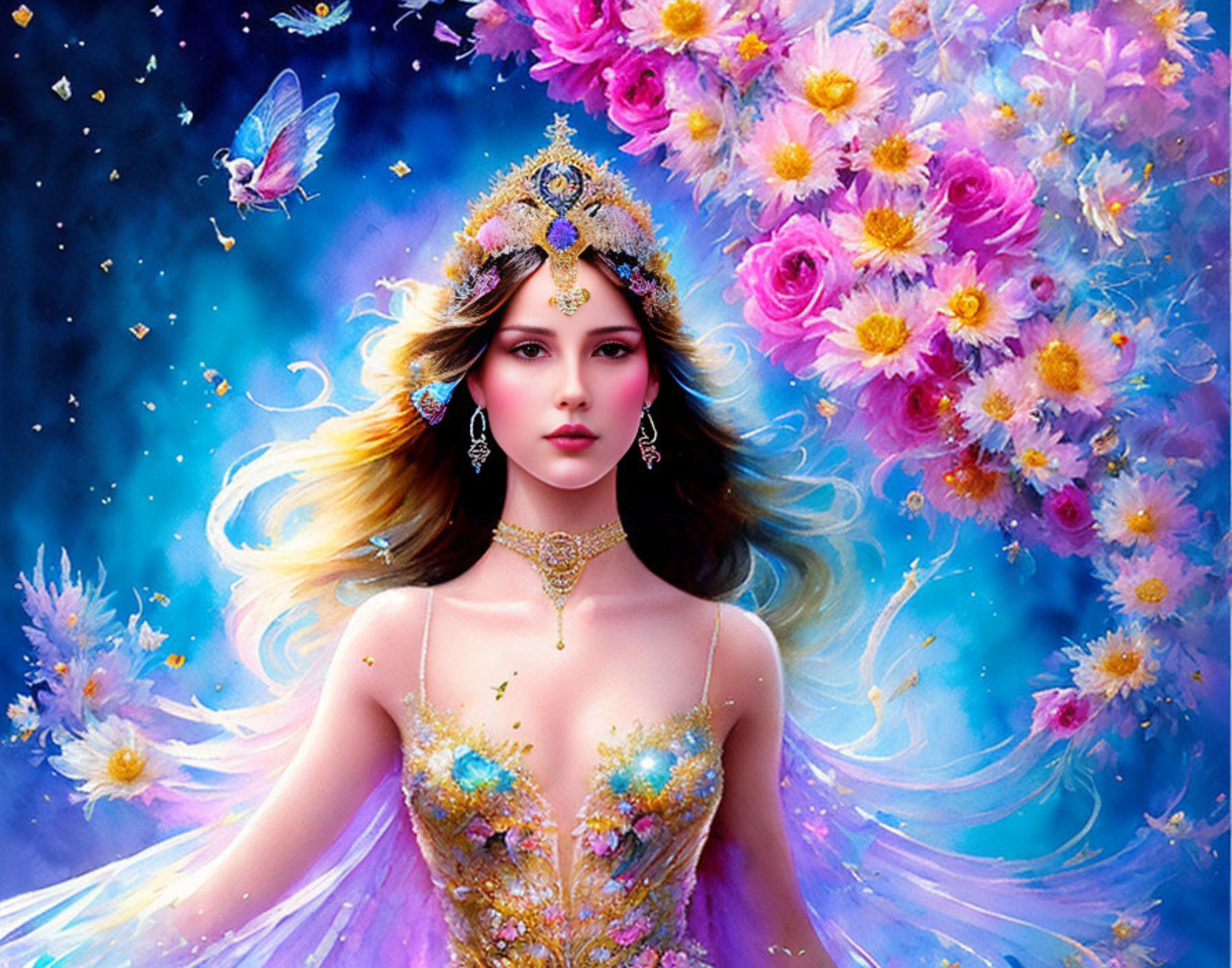 以天空和鲜花为背景的公主女孩图画