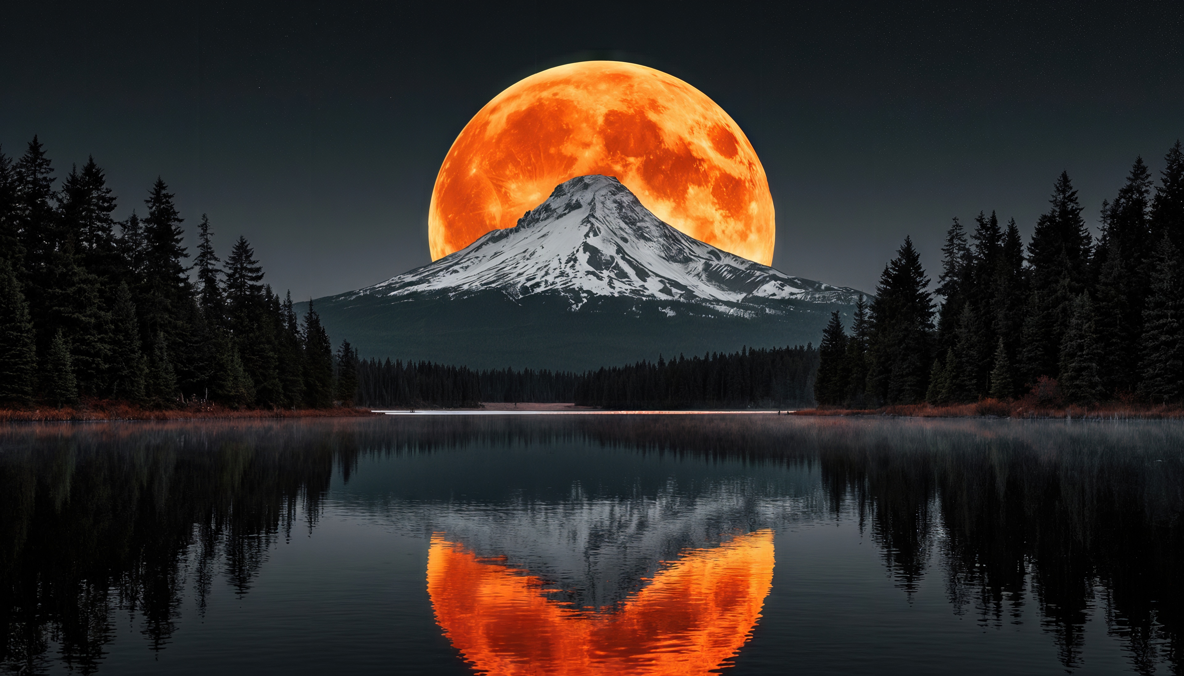 免费照片一座雄伟的山在一个巨大的橙色月亮，反映在一个平静的湖泊。