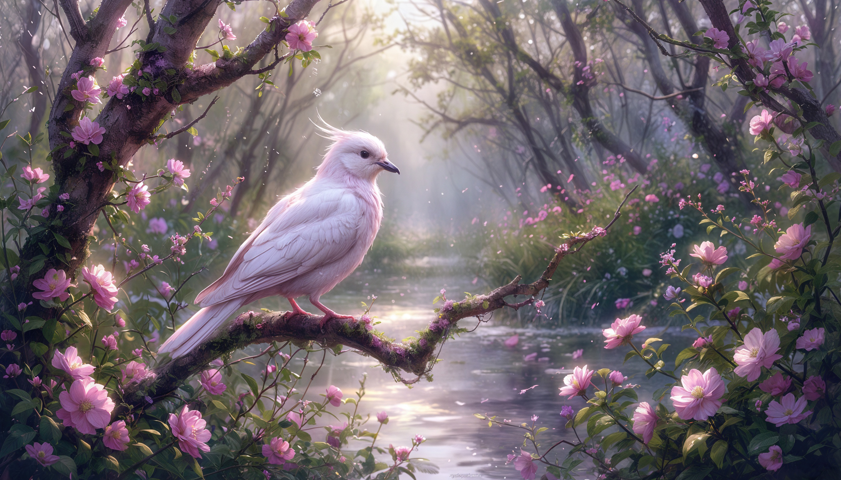 Птица сидит на ветке среди розовых цветов на фоне размытого пейзажа.