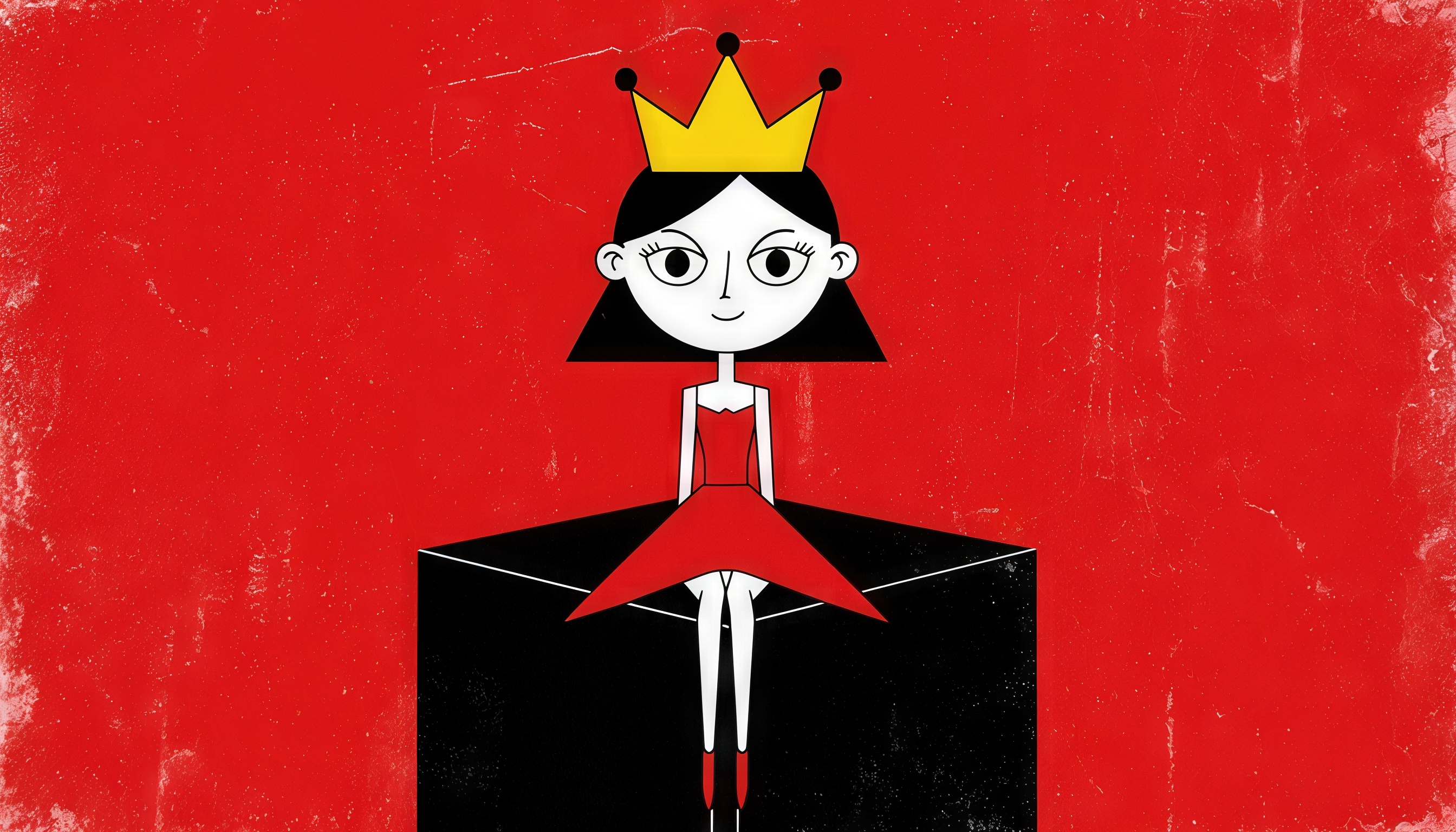 Мультяшная принцесса в красном платье с короной, сидящая на кубе на красном фоне.