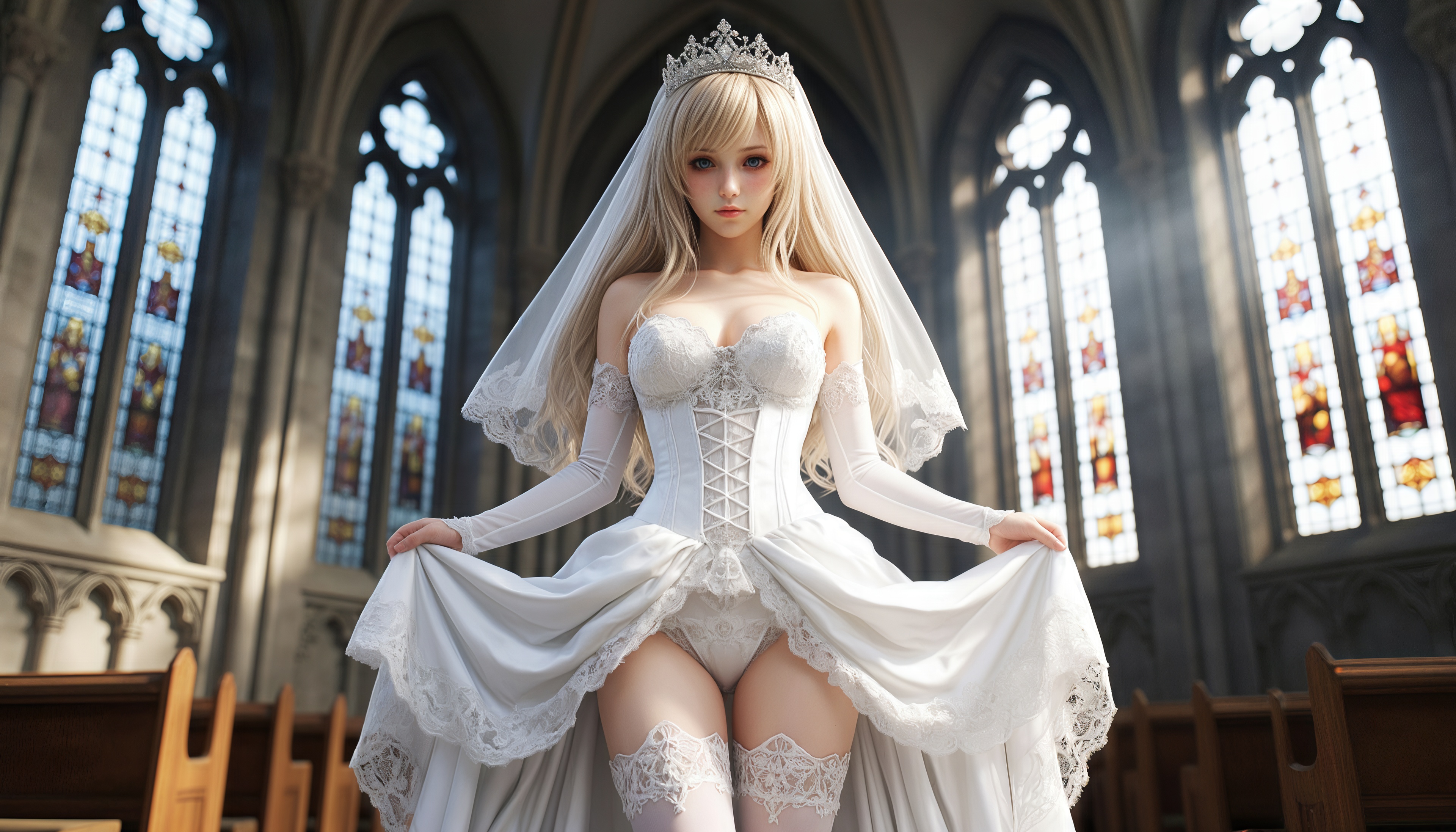 Free photo The bride in the church, in a lace corset and stockings, lifts the hem of a magnificent dress, showing slender legs.