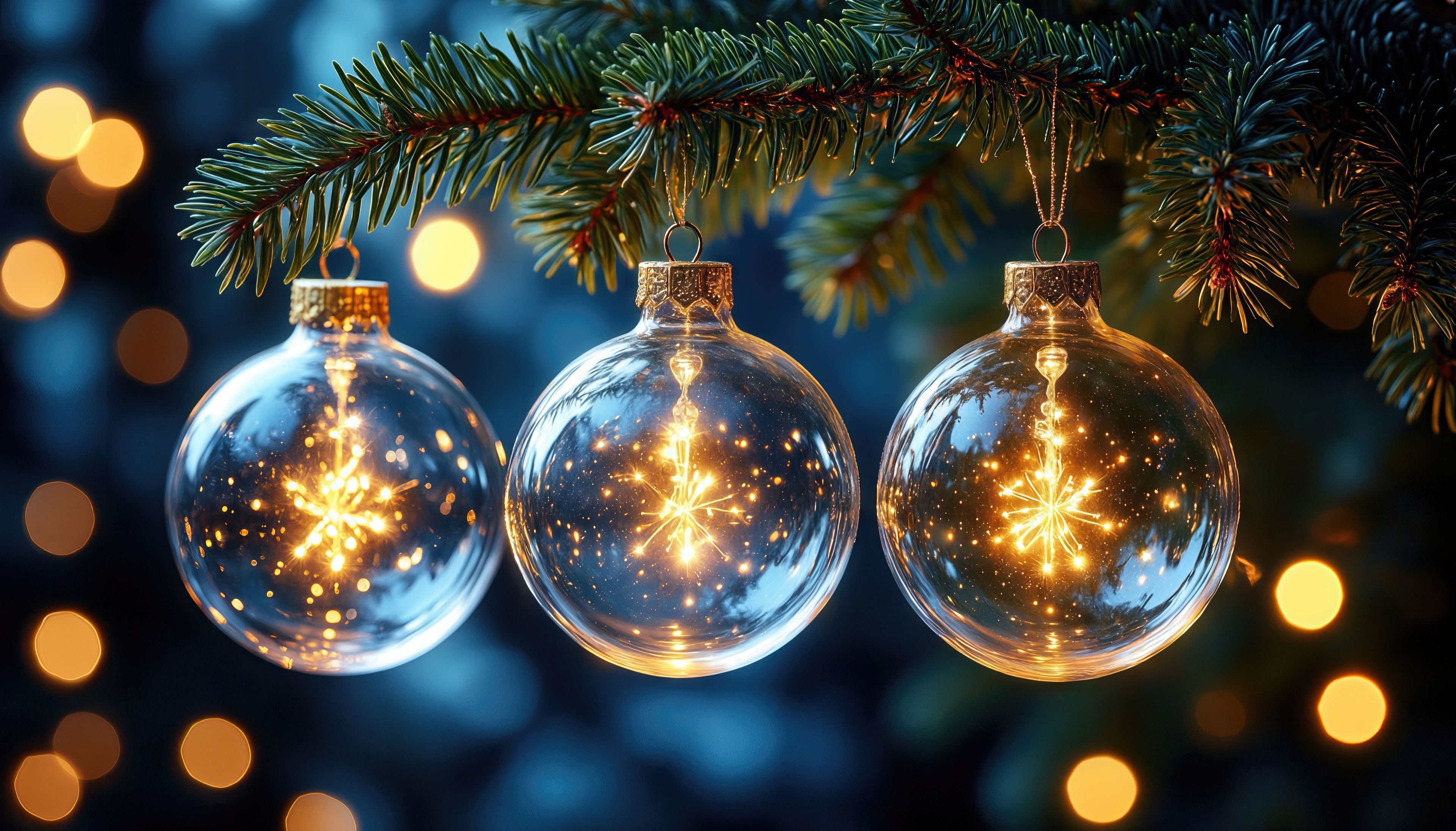 Три светящихся шара украшают ветку ели, мерцая волшебным светом.