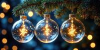 Три светящихся шара украшают ветку ели, мерцая волшебным светом.