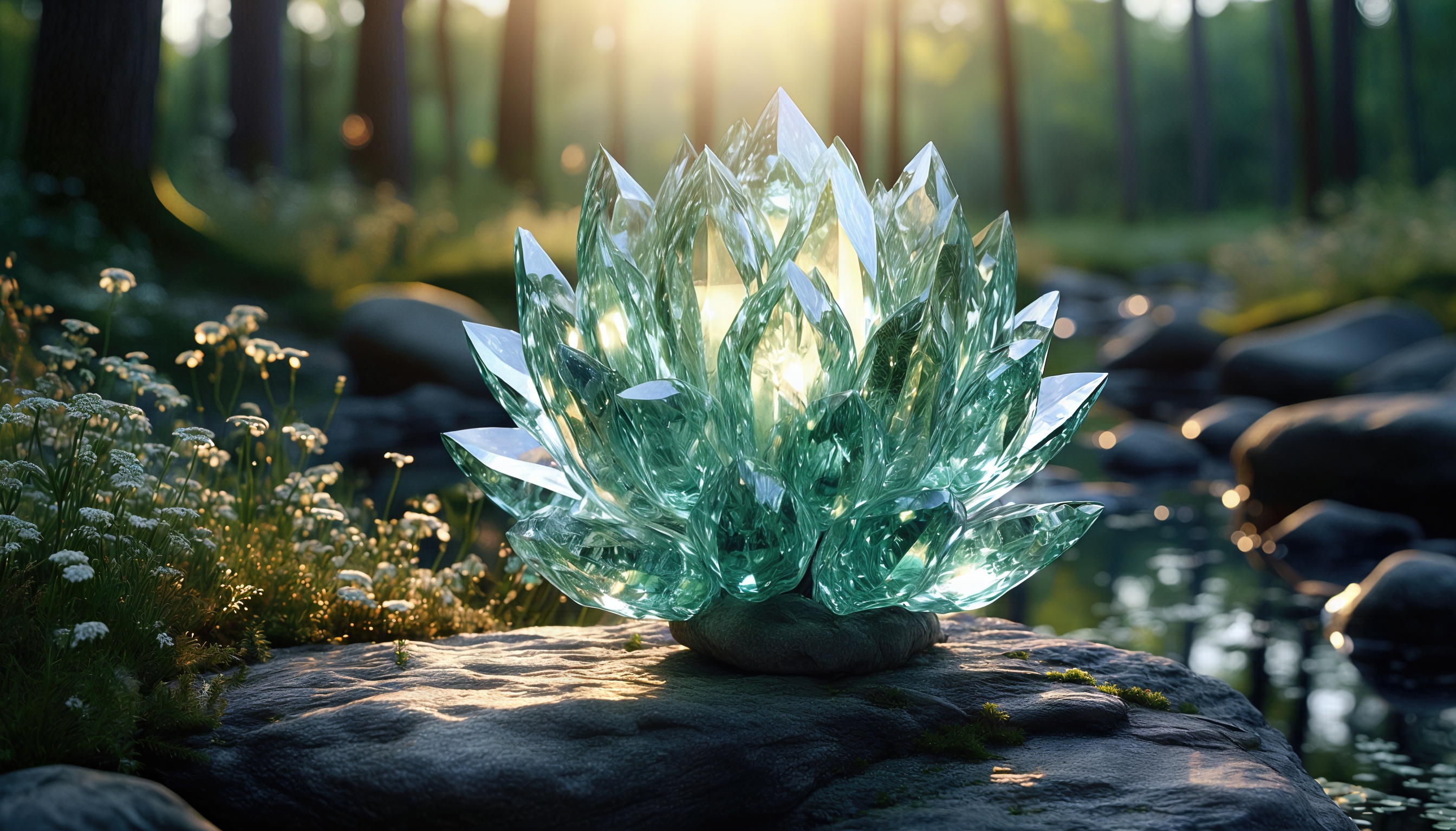 На невзрачном камне расцвёл удивительный светящийся кристаллический цветок.