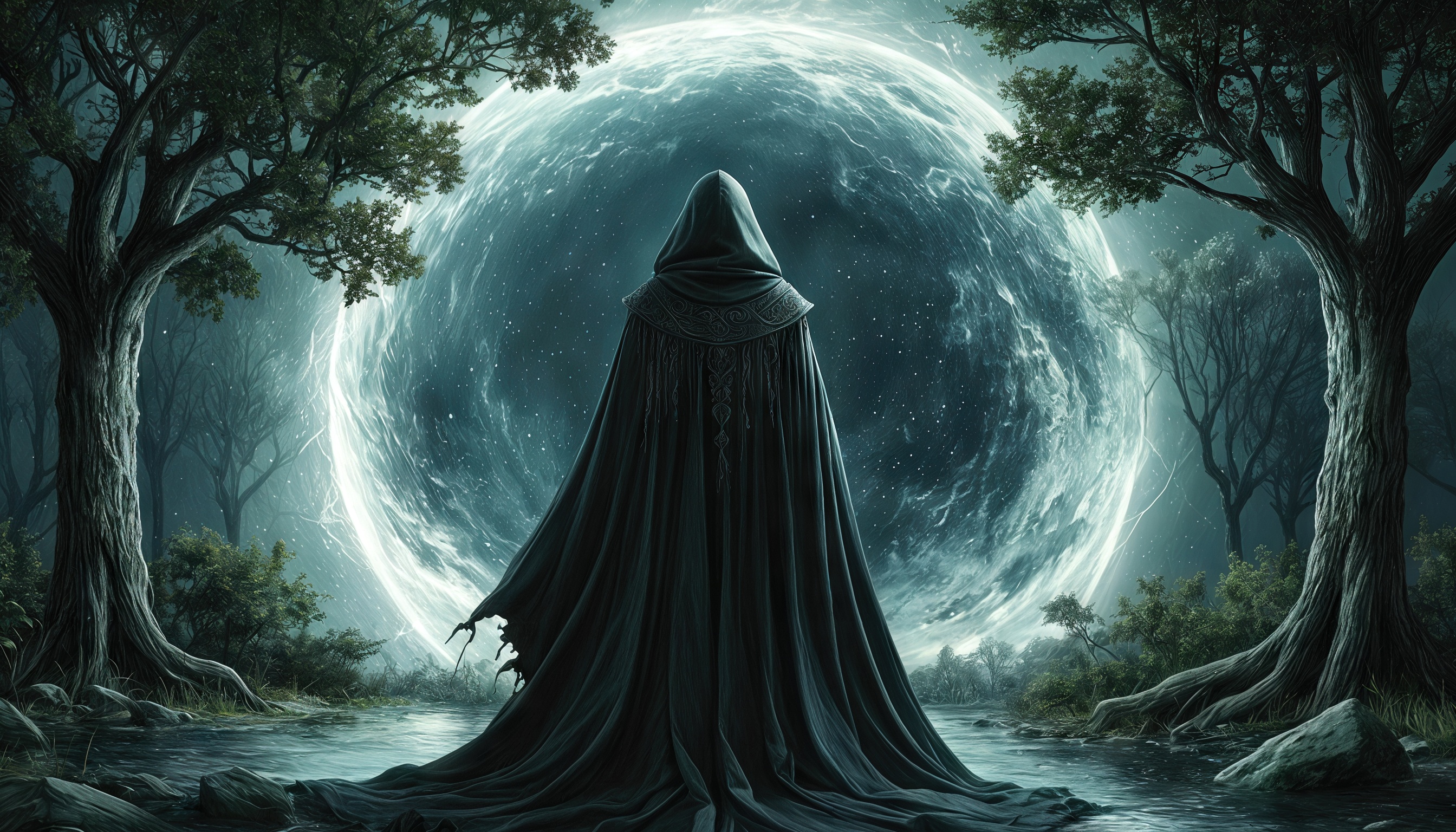 A character in a cloak stands with his back to the viewer in a forest under a bright moon, creating a mystical atmosphere.