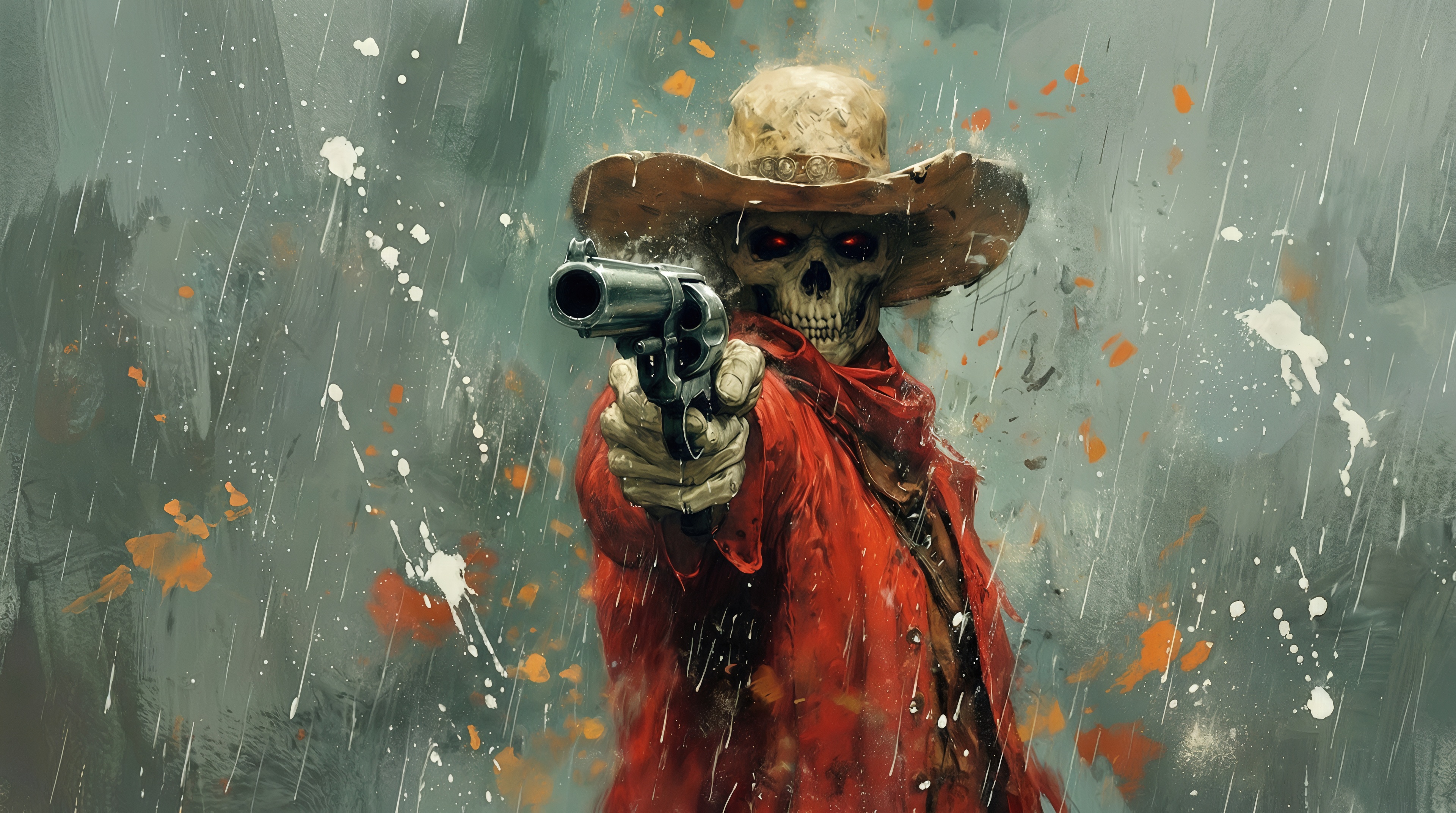 Free photo A sinister cowboy with a skeletal face in a wide-brimmed hat and a red raincoat is aiming a revolver.