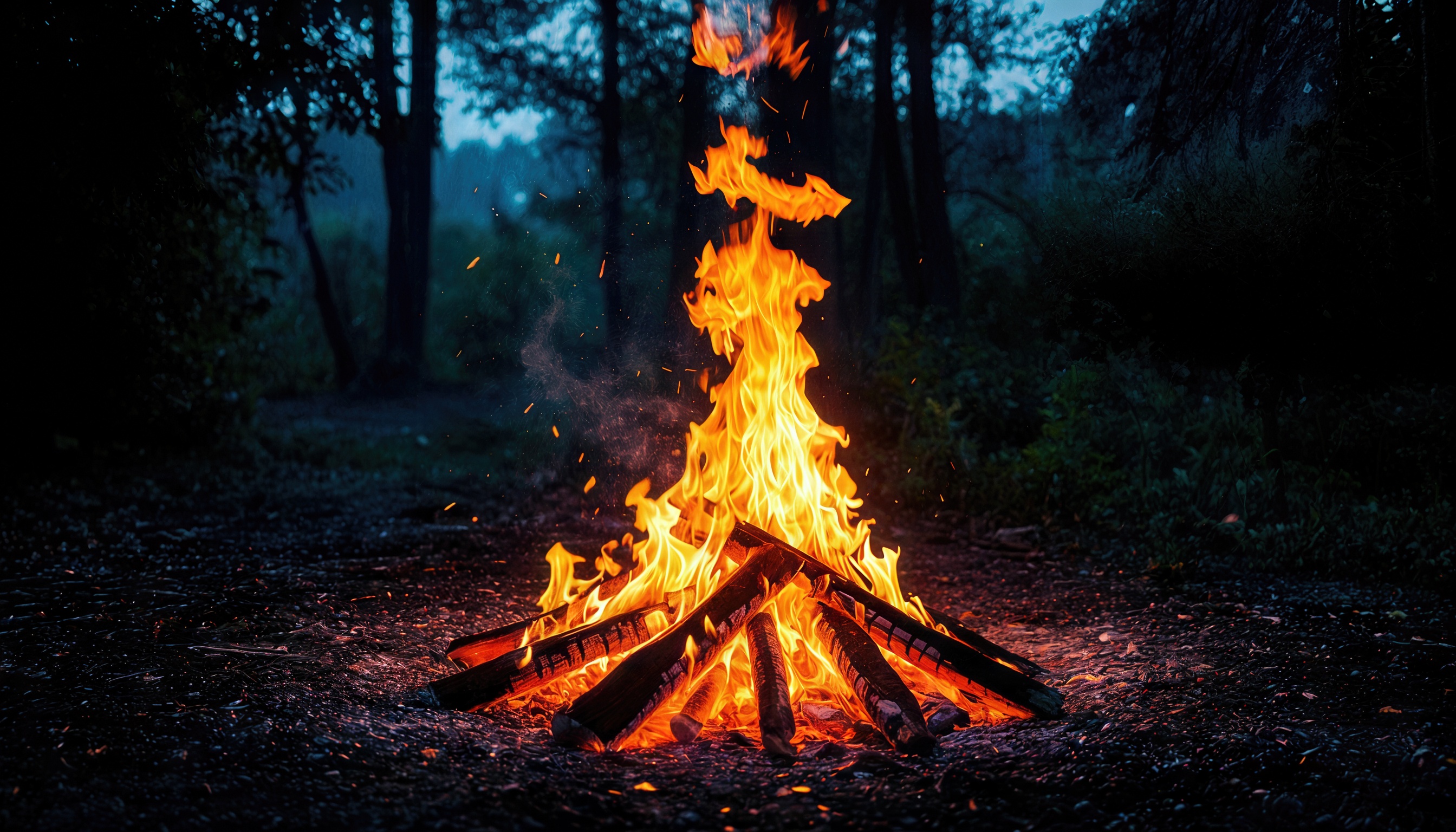 Бесплатное фото Костёр ярко пылает в ночном лесу, озаряя окрестности тёплым светом.