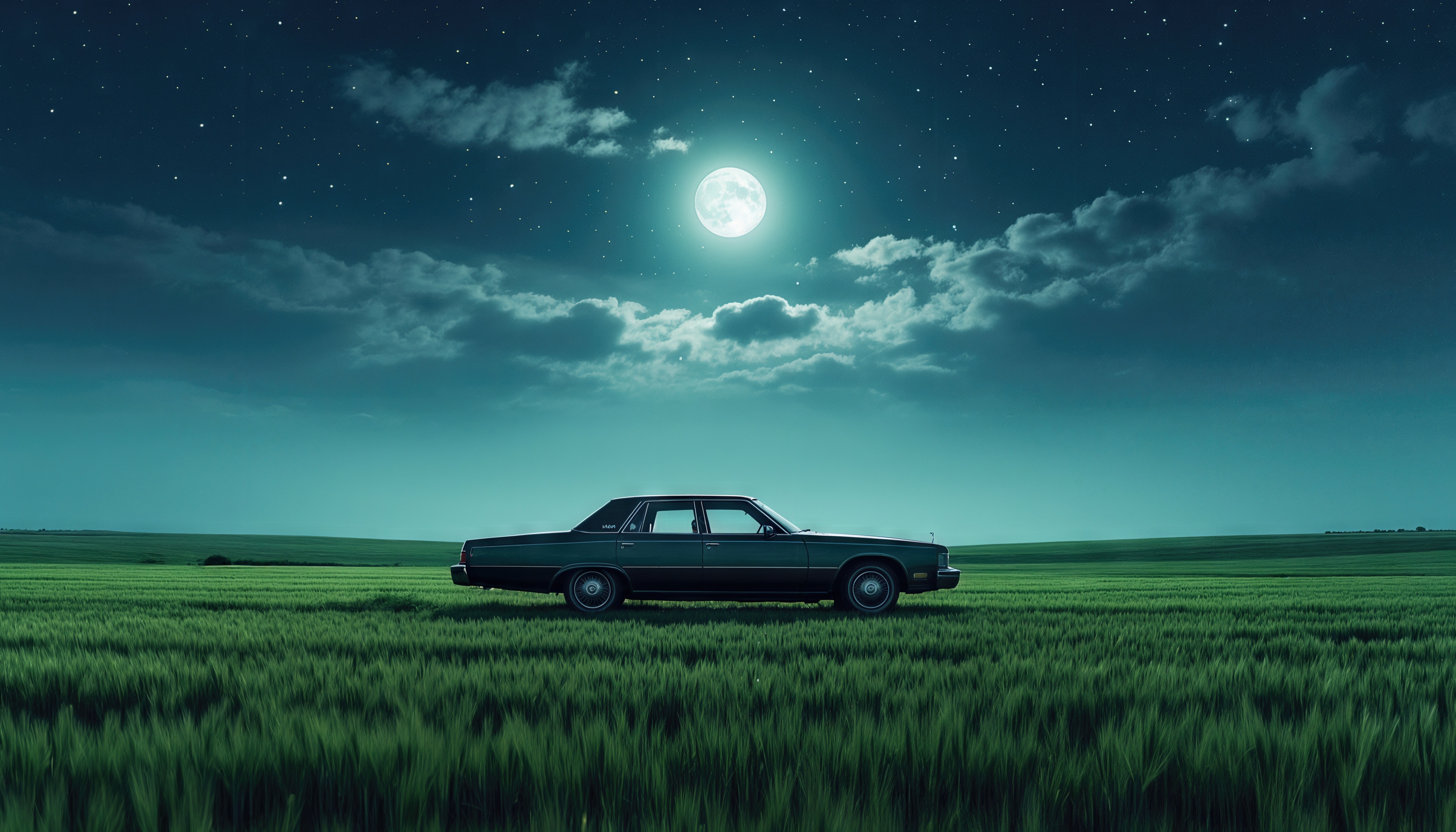 Free photo A retro car stands in a night field under a full moon.