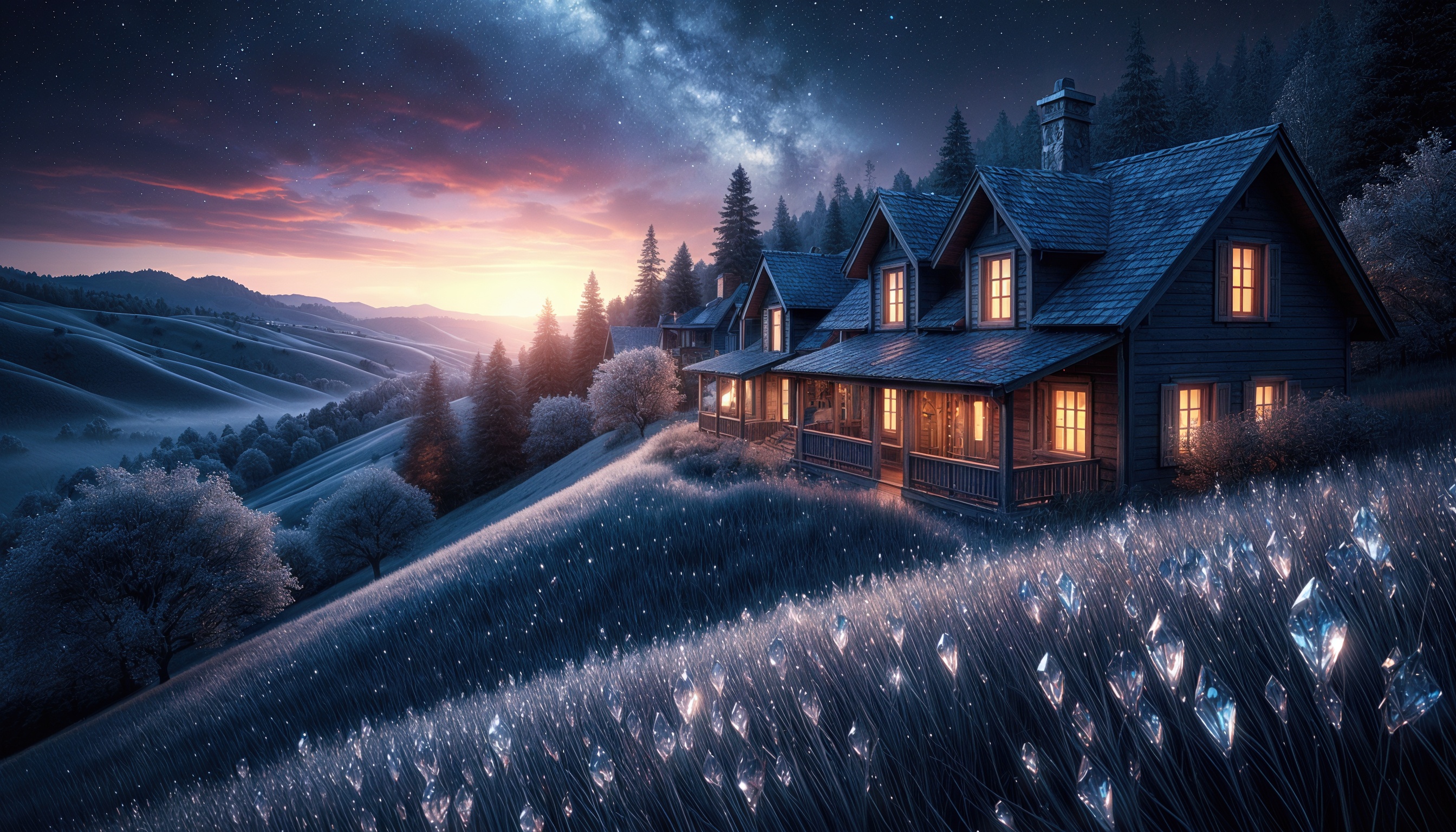 Бесплатное фото Фэнтезийный пейзаж с домом, окружённым волшебным полем из светящихся кристаллов.