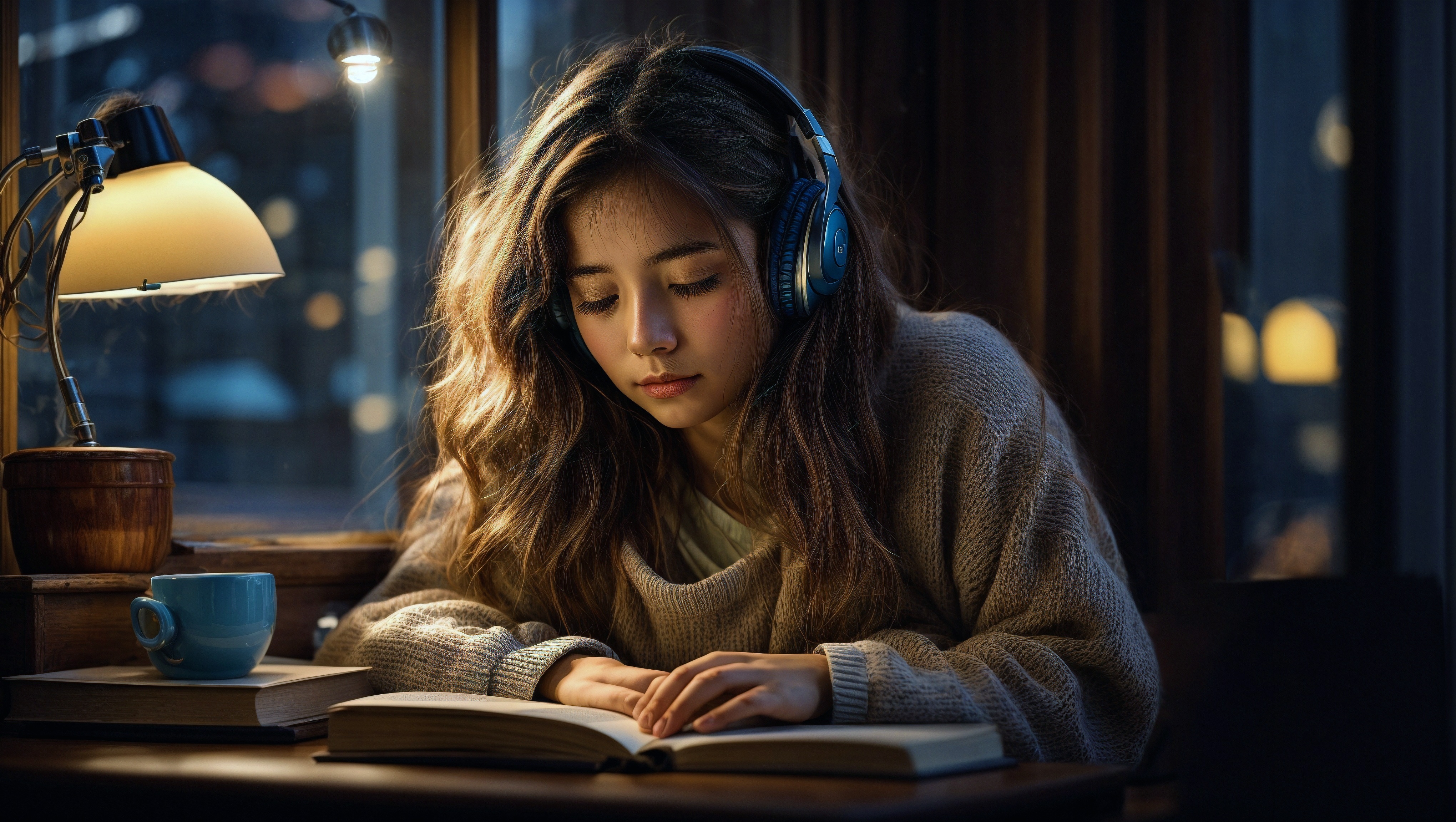 Free photo A woman in headphones laying down reading a book and drinking a cup of coffee