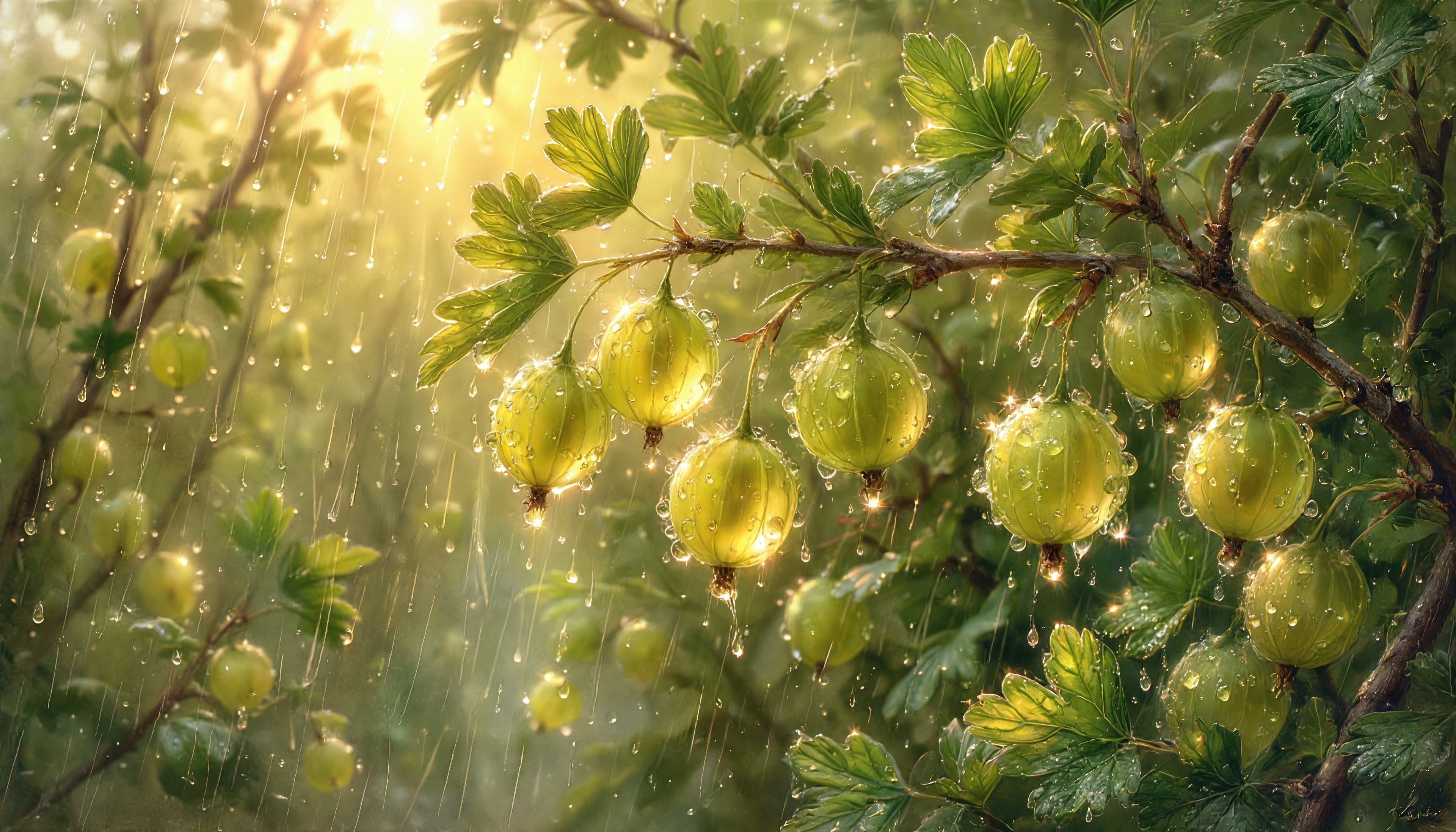 Бесплатное фото Крыжовник в каплях дождя, окутанный солнечным светом.