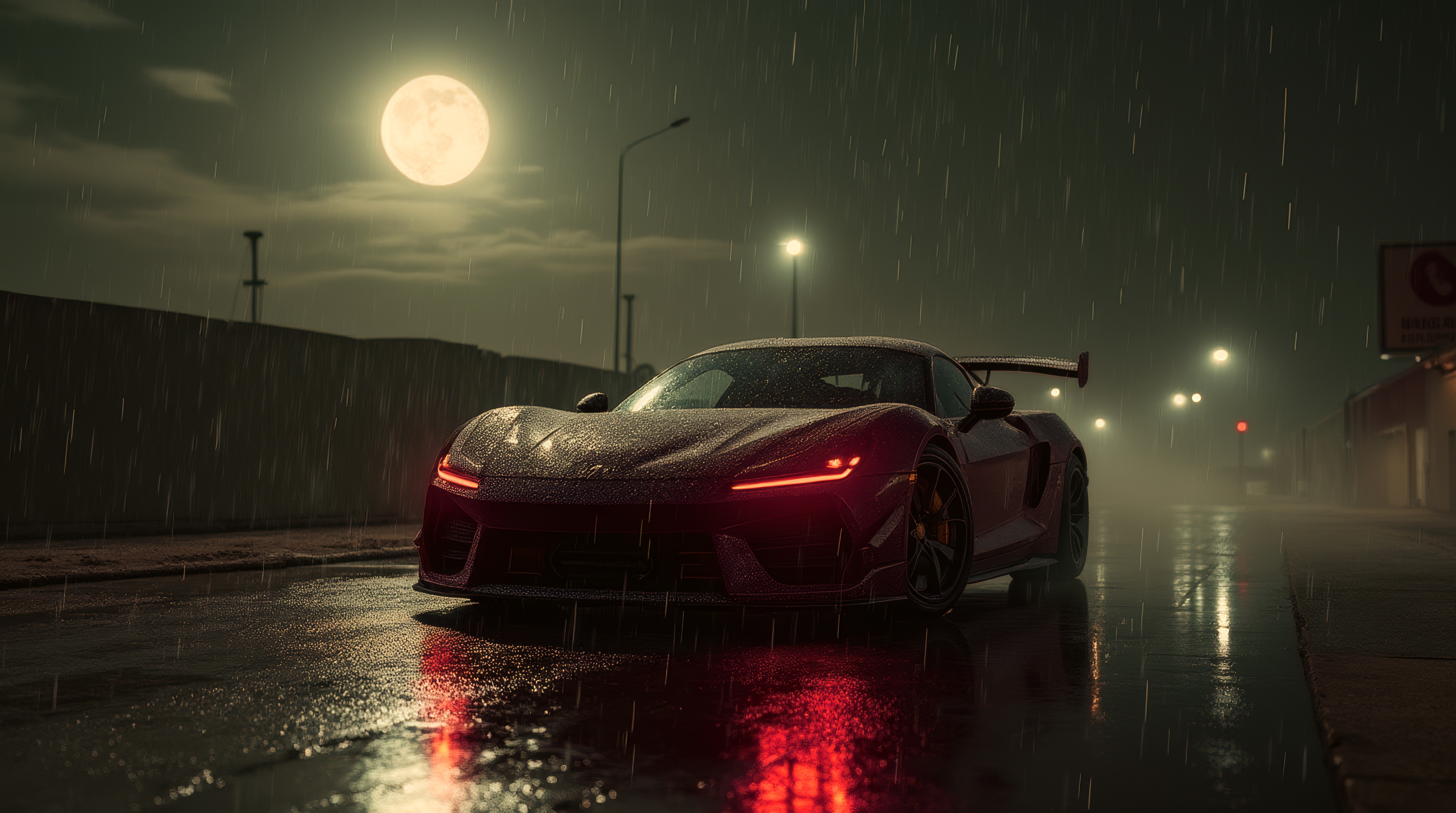 Спортивный автомобиль стоит на мокрой парковке под дождем.