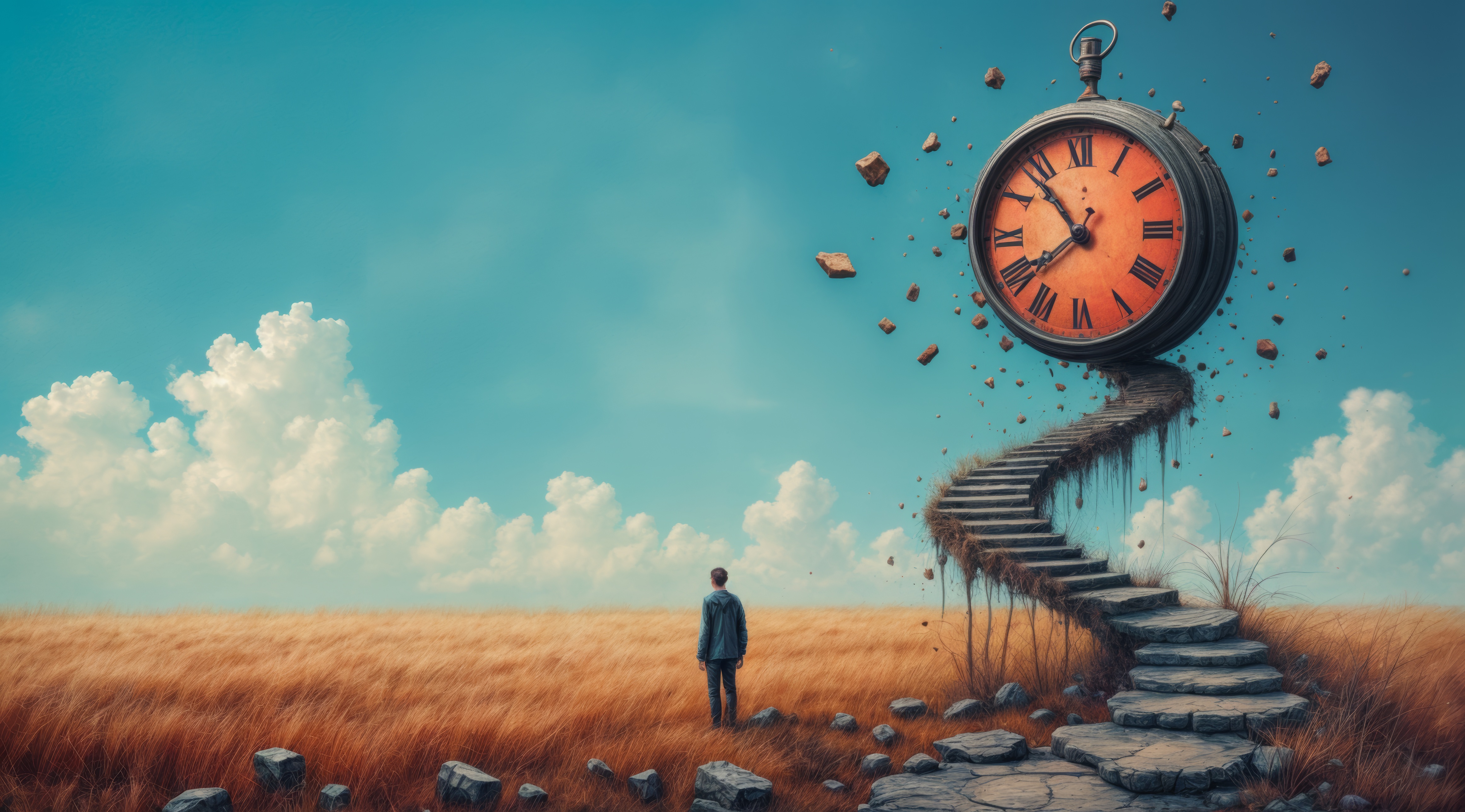 Картина маслом с изображением человека, стоящего у винтовой лестницы под часами