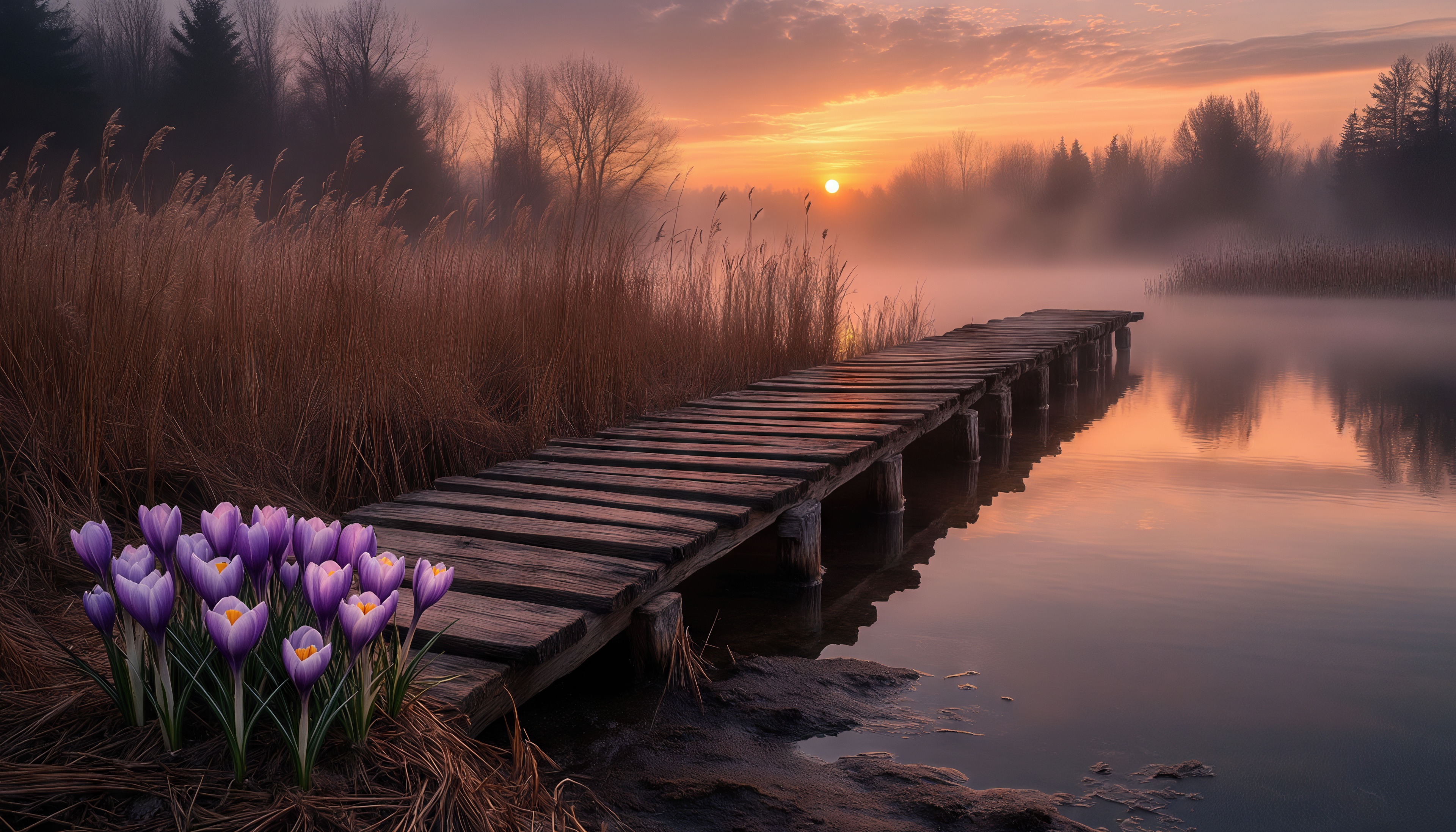 Free photo Spring awakening: crocuses at the bridge, the sun over the forest.