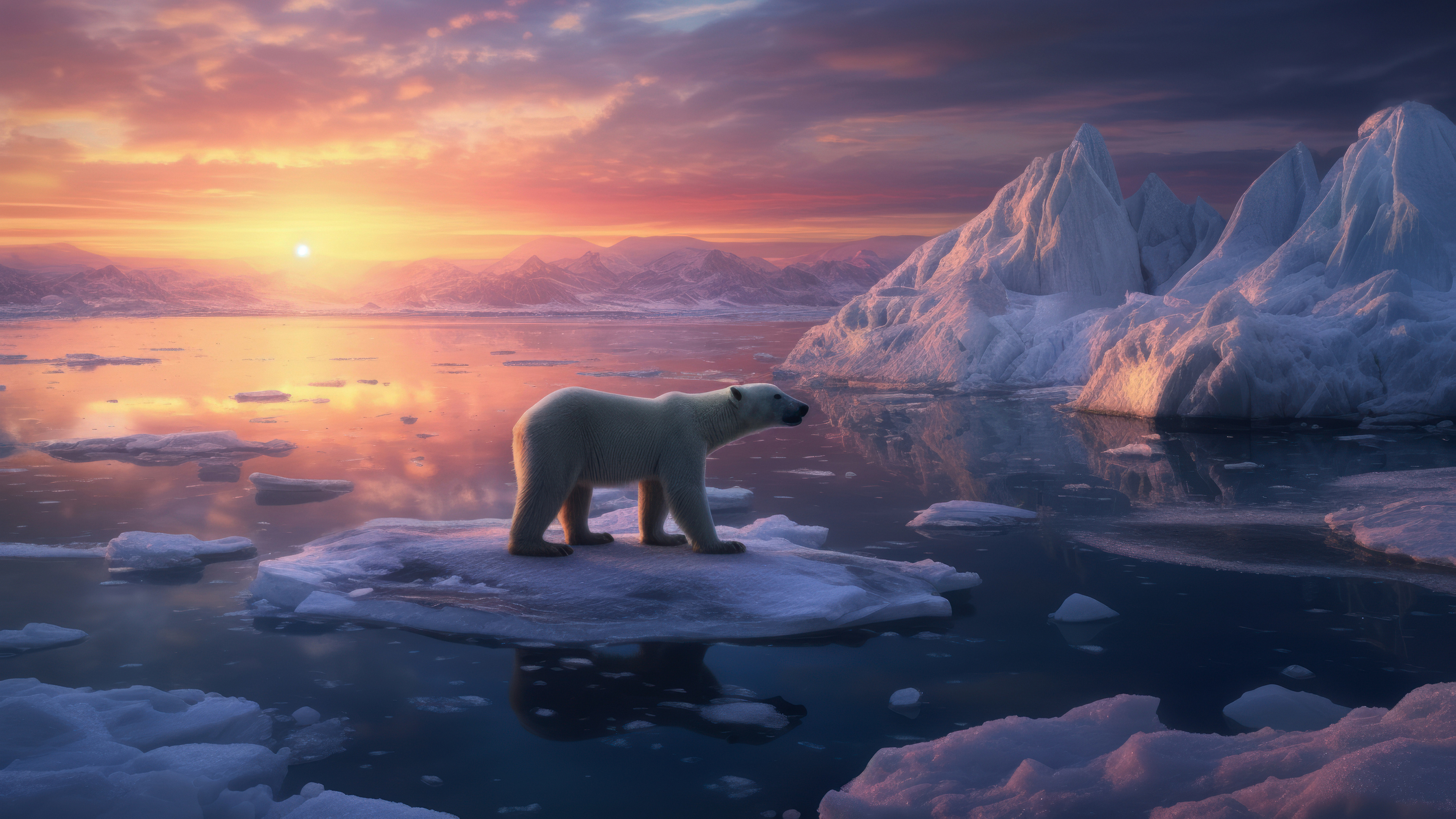 一只北极熊漂浮在冰块上
