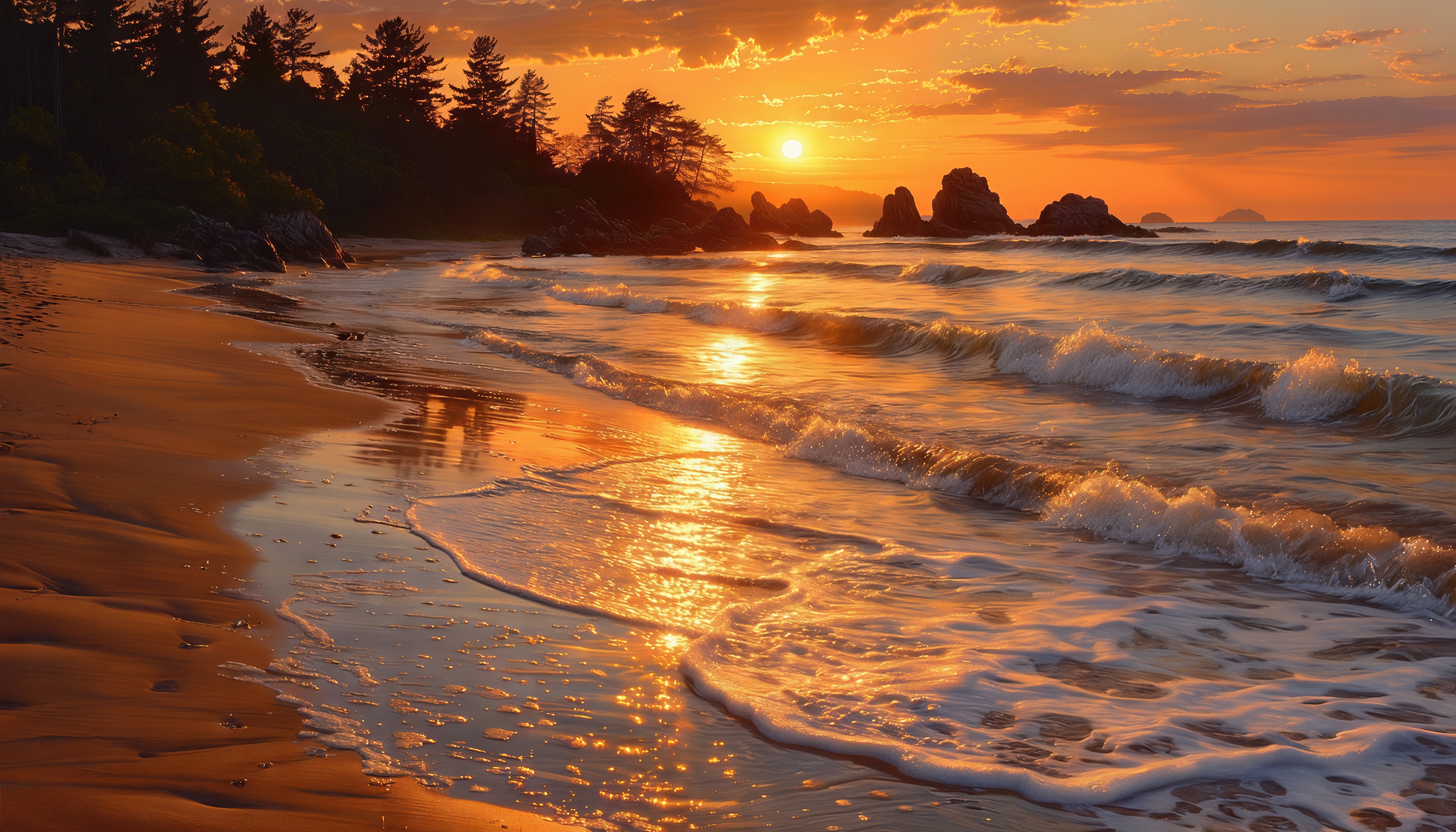 Free photo The setting sun illuminates the shore, the waves gently caress the sand.