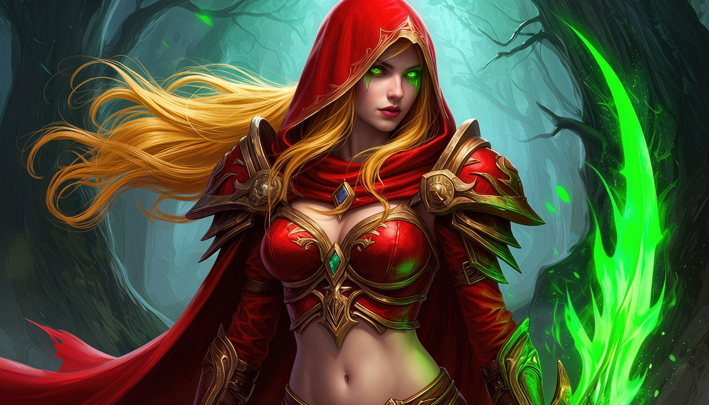 Бесплатное фото Эльфийка крови и наёмная убийца Сангвинар в красном плаще и доспехах с зелёными глазами, с магическим клинком в руке.