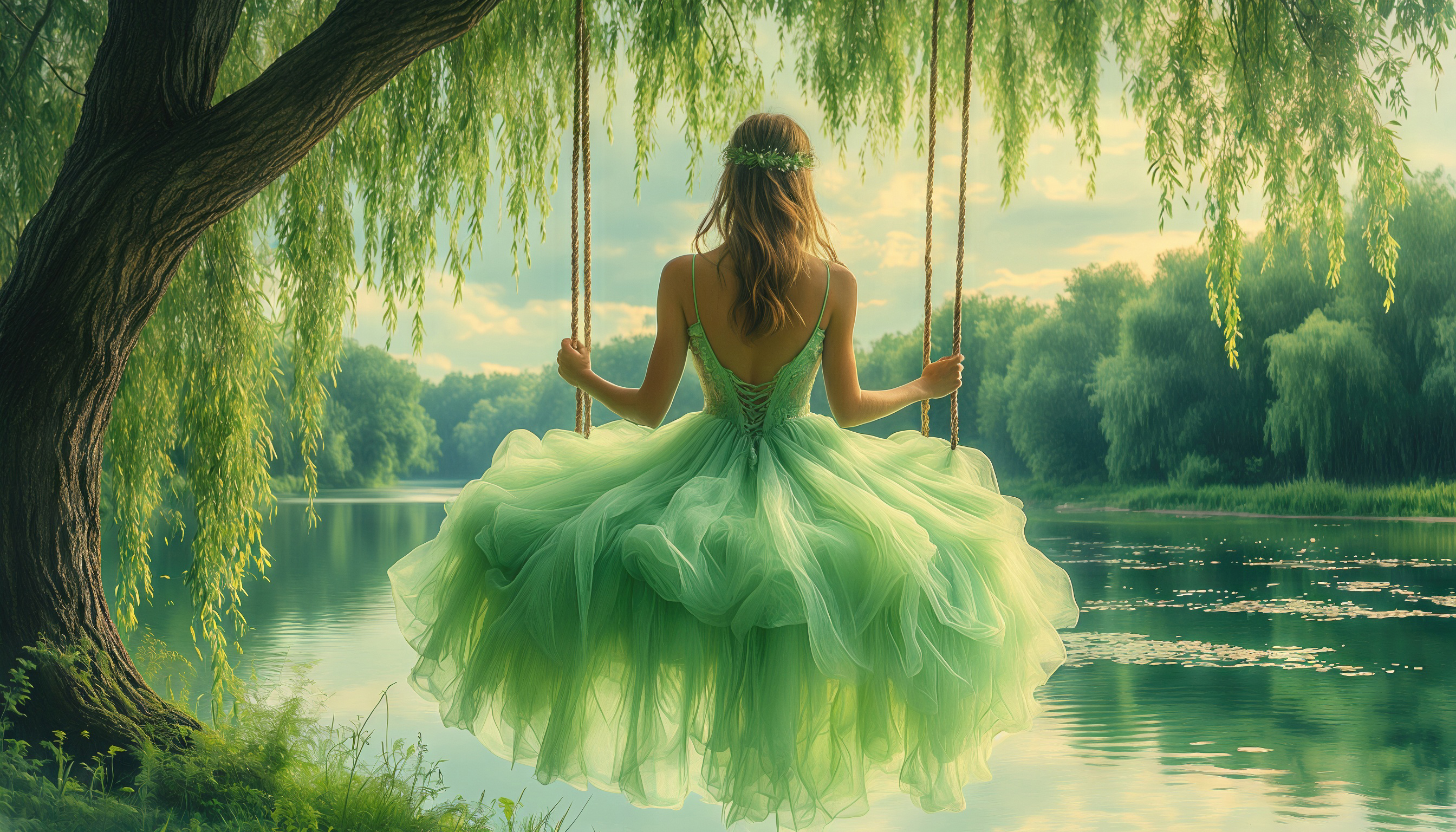 Бесплатное фото Девушка в зеленом платье на качелях у озера, окруженная природой.
