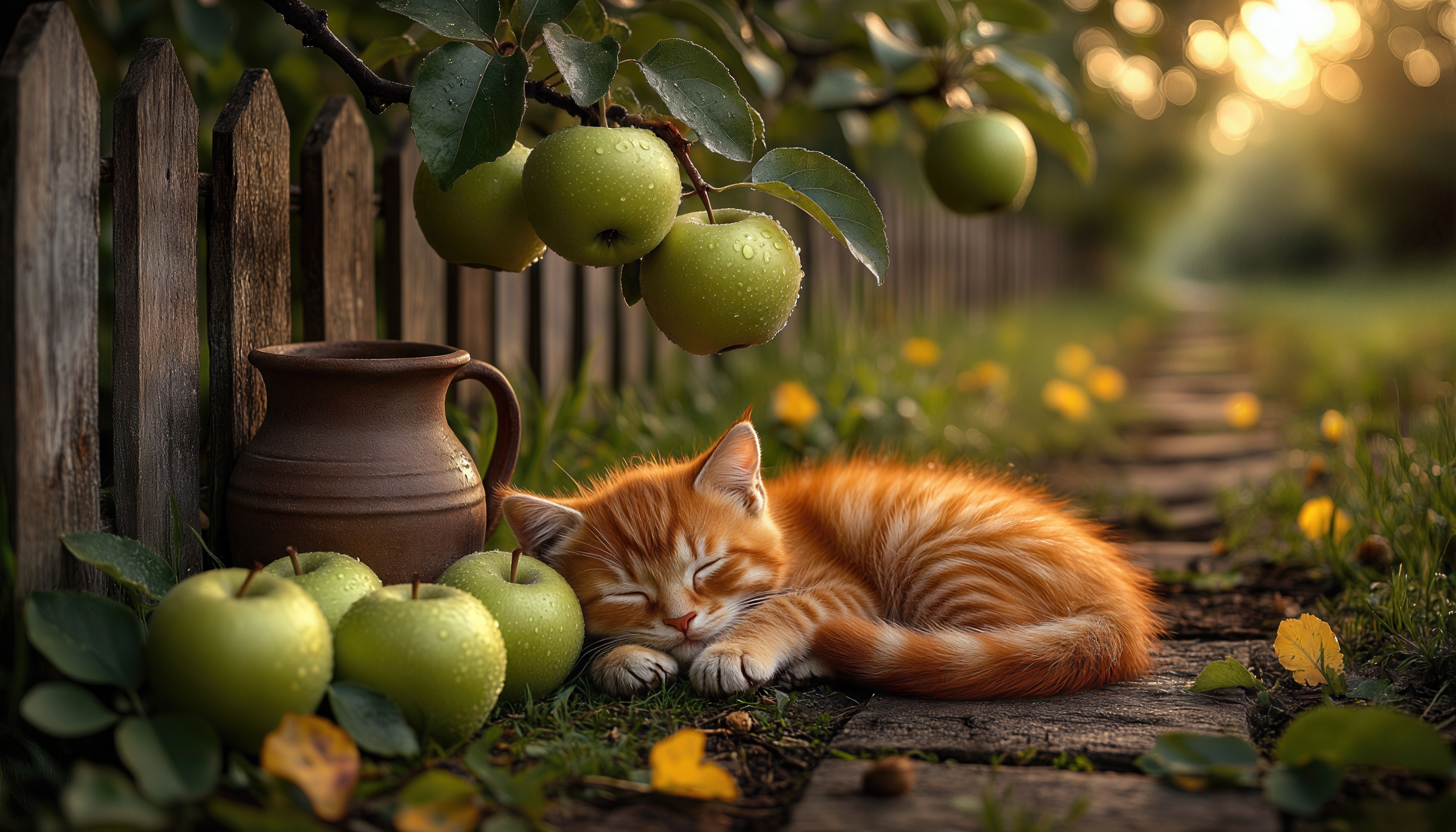 Бесплатное фото Рыжий котёнок спит на дорожке среди яблок, рядом кувшин и деревянный забор, вокруг - осенняя природа.