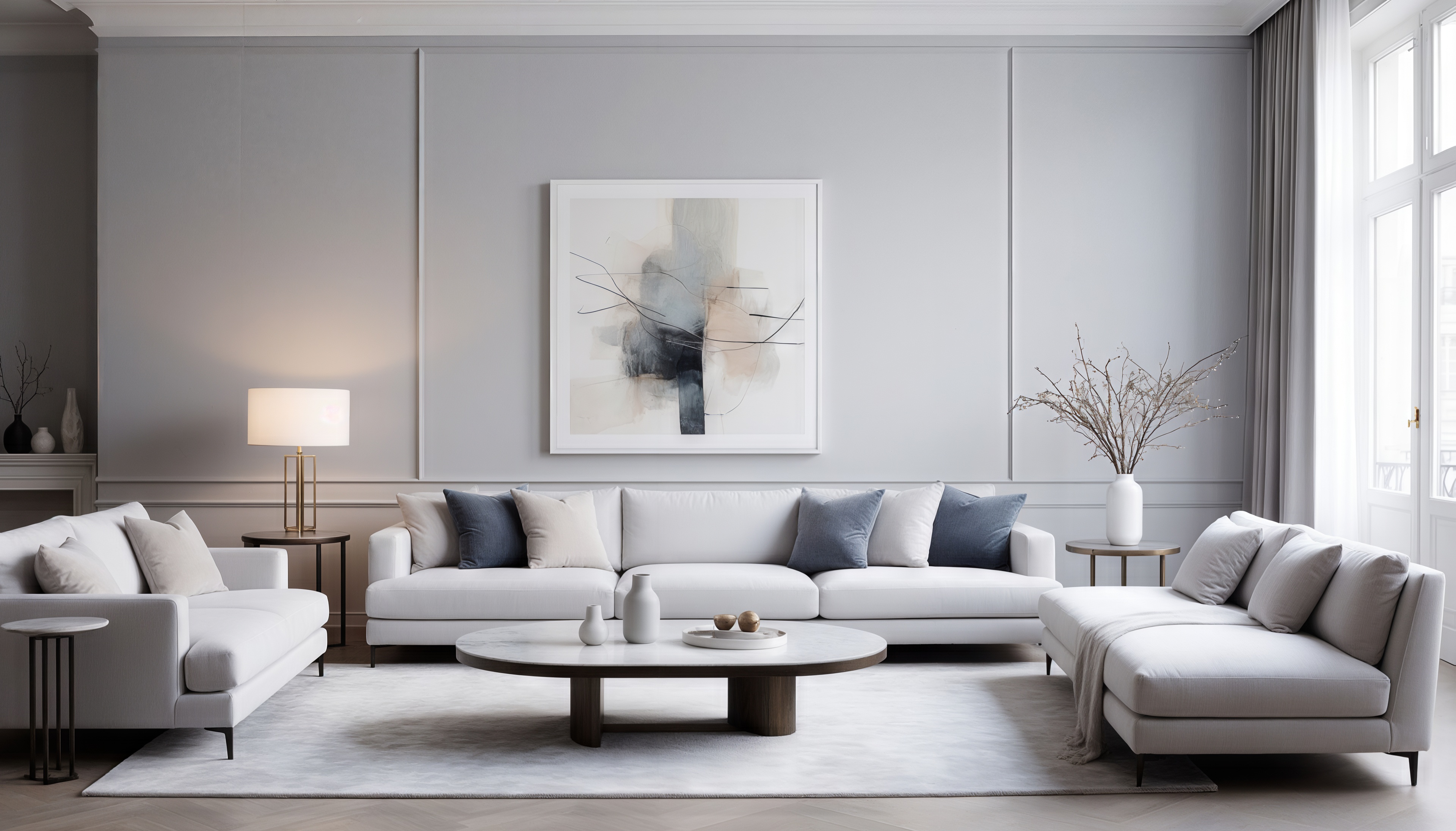 Элегантная гостиная в светлых тонах с абстрактной картиной и мягкой мебелью.
