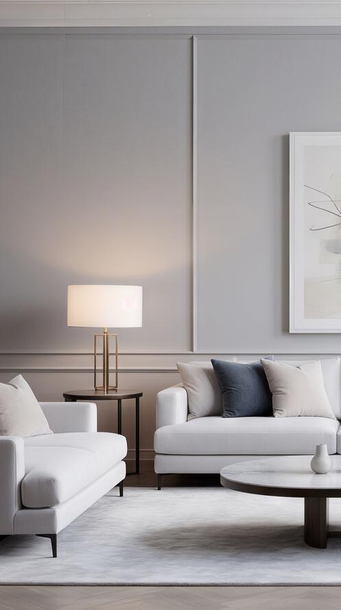 Бесплатное фото Элегантная гостиная в светлых тонах с абстрактной картиной и мягкой мебелью.
