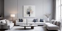Элегантная гостиная в светлых тонах с абстрактной картиной и мягкой мебелью.