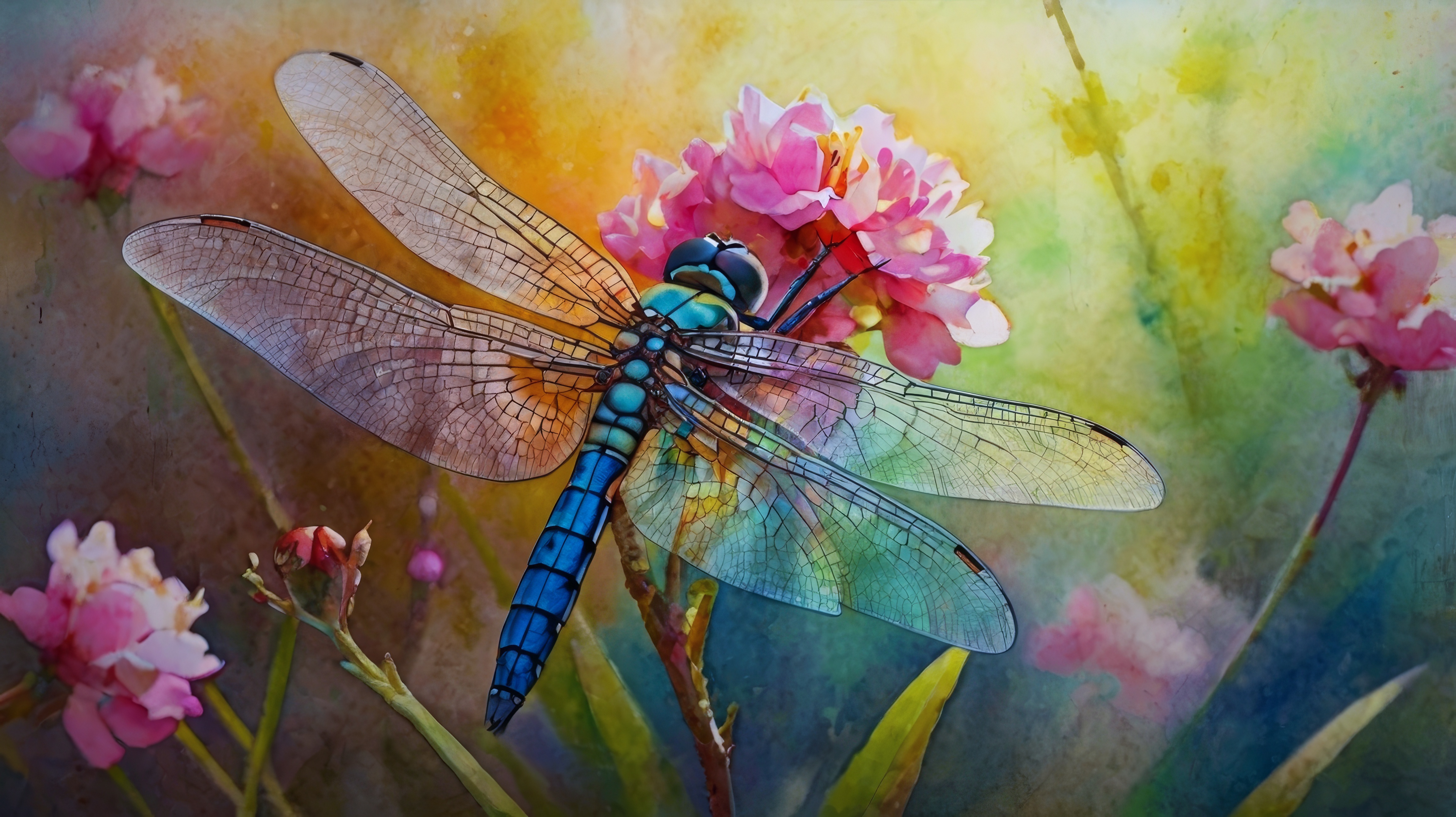 Бесплатное фото Голубой дракон летит над розовыми цветами