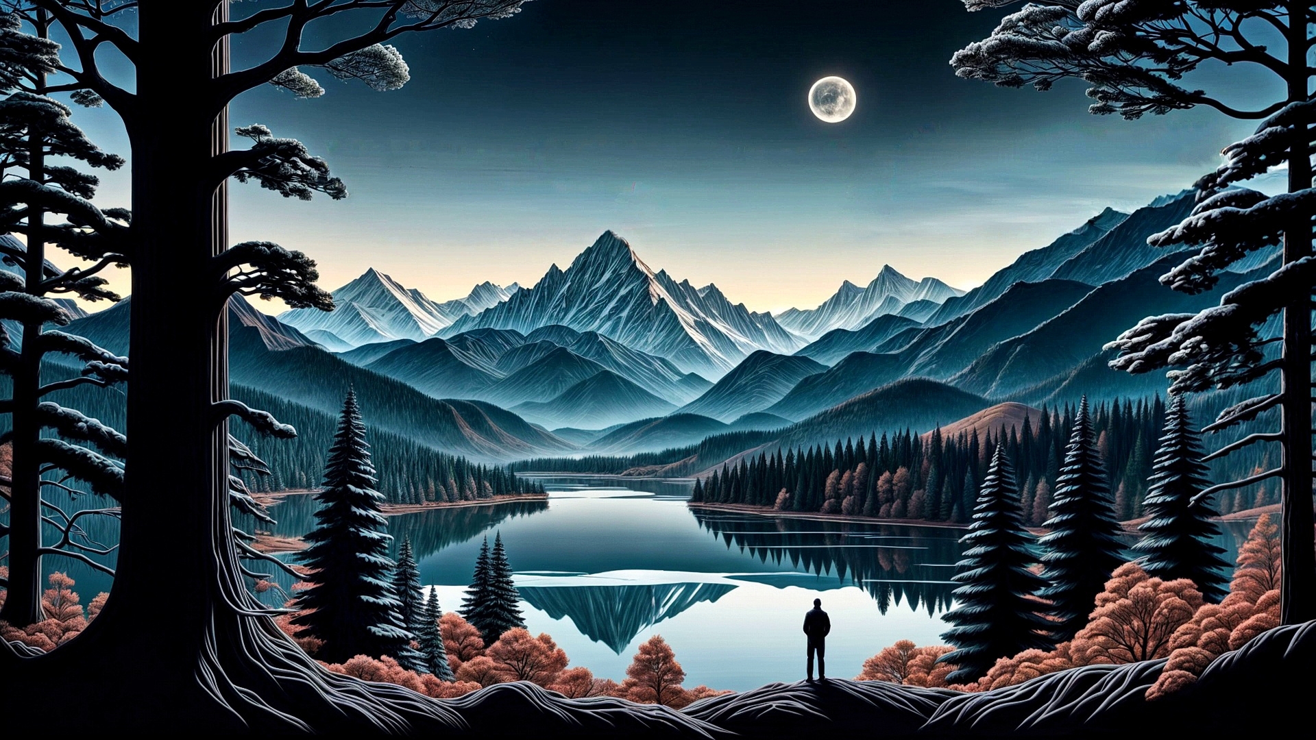 Человек стоит и смотрит на  озеро ночью