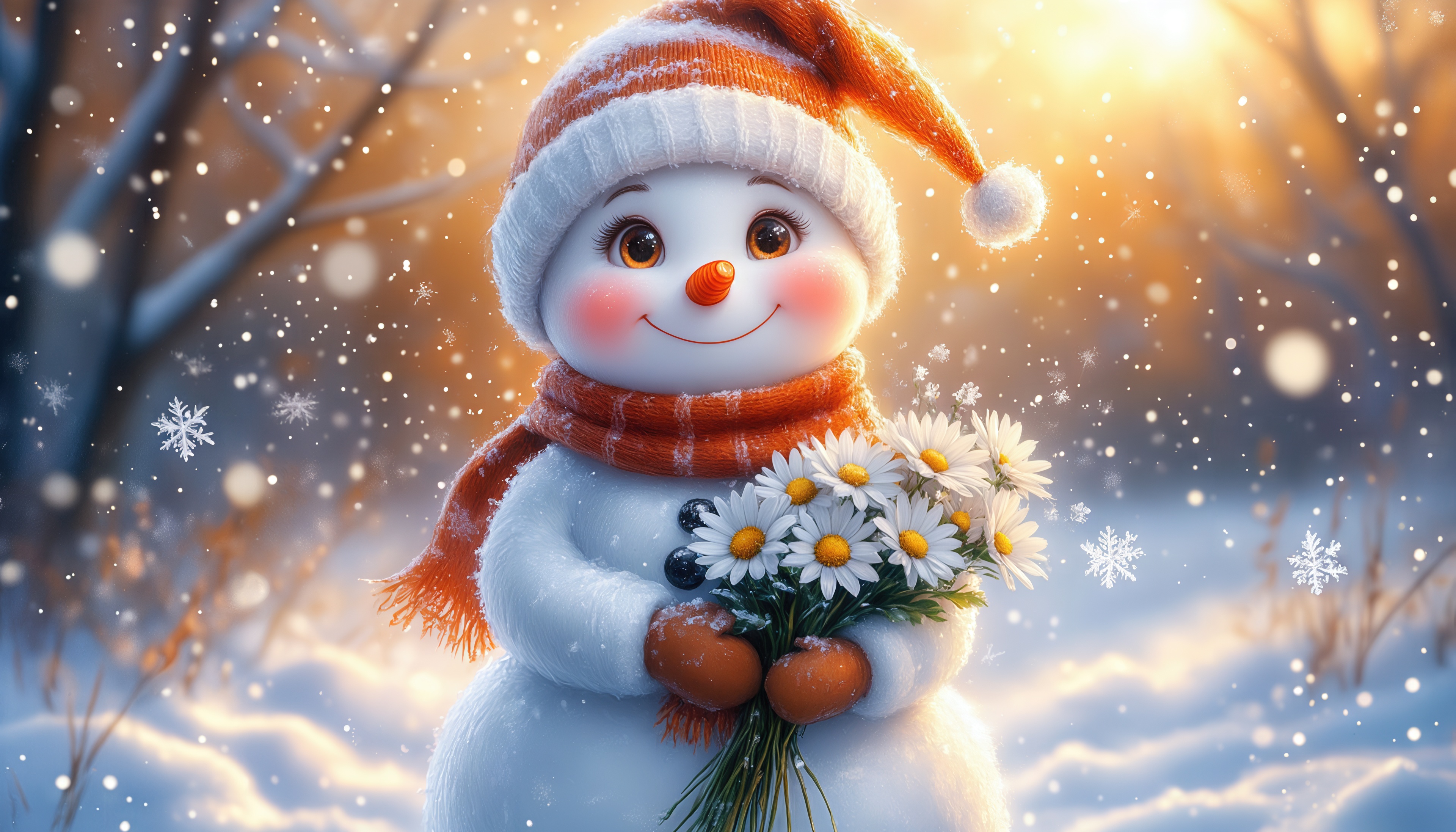 Бесплатное фото Снеговик в шапке и шарфе держит букет ромашек на фоне зимнего заката.