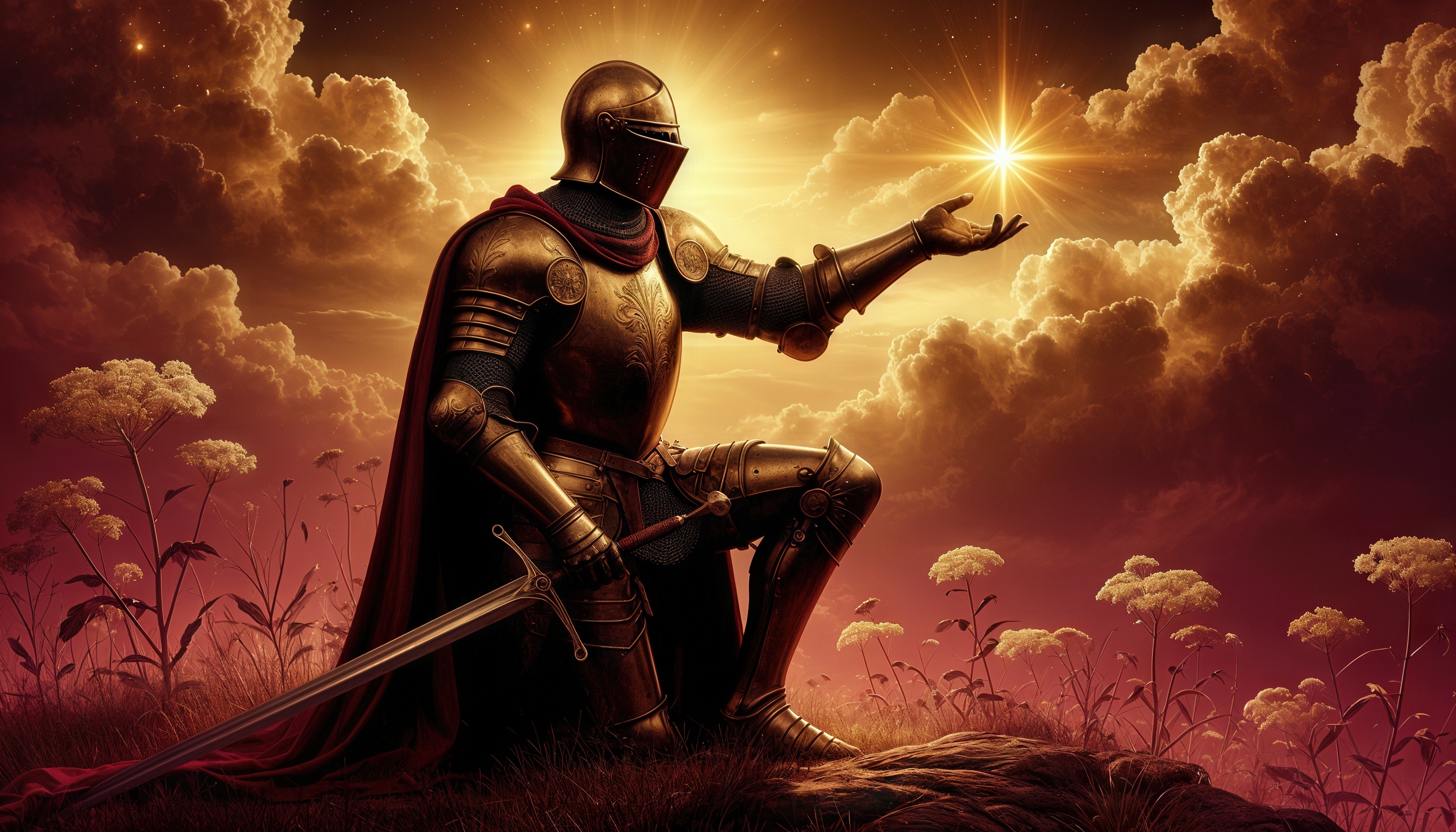 免费照片一位单膝跪地的盔甲骑士站在一片空地上，手里紧握着一把剑，另一只手则伸向一颗闪亮的星星。