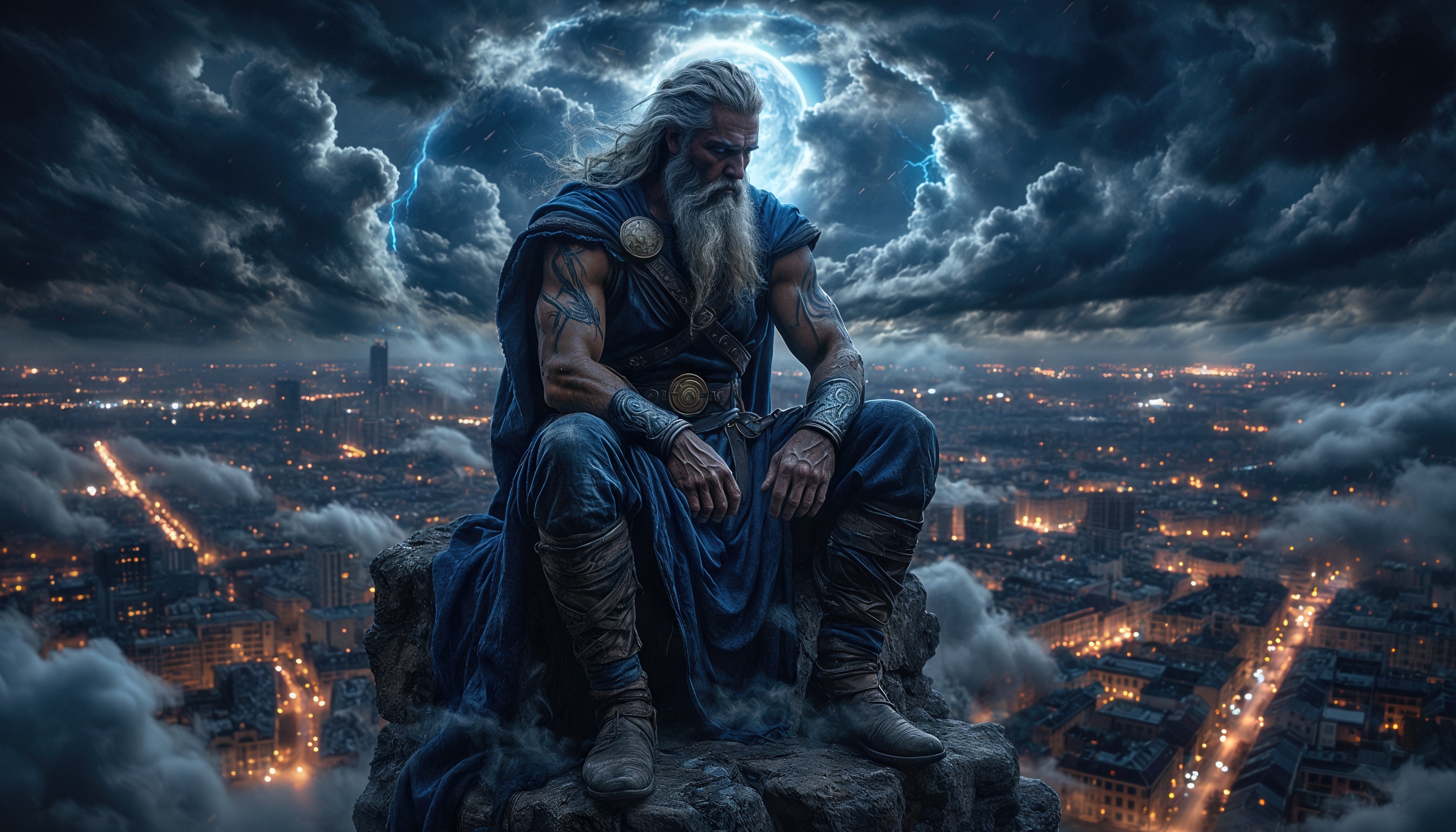 Бесплатное фото Перун, сидящий на скале среди грозовых облаков и молний, с ночным городом внизу.