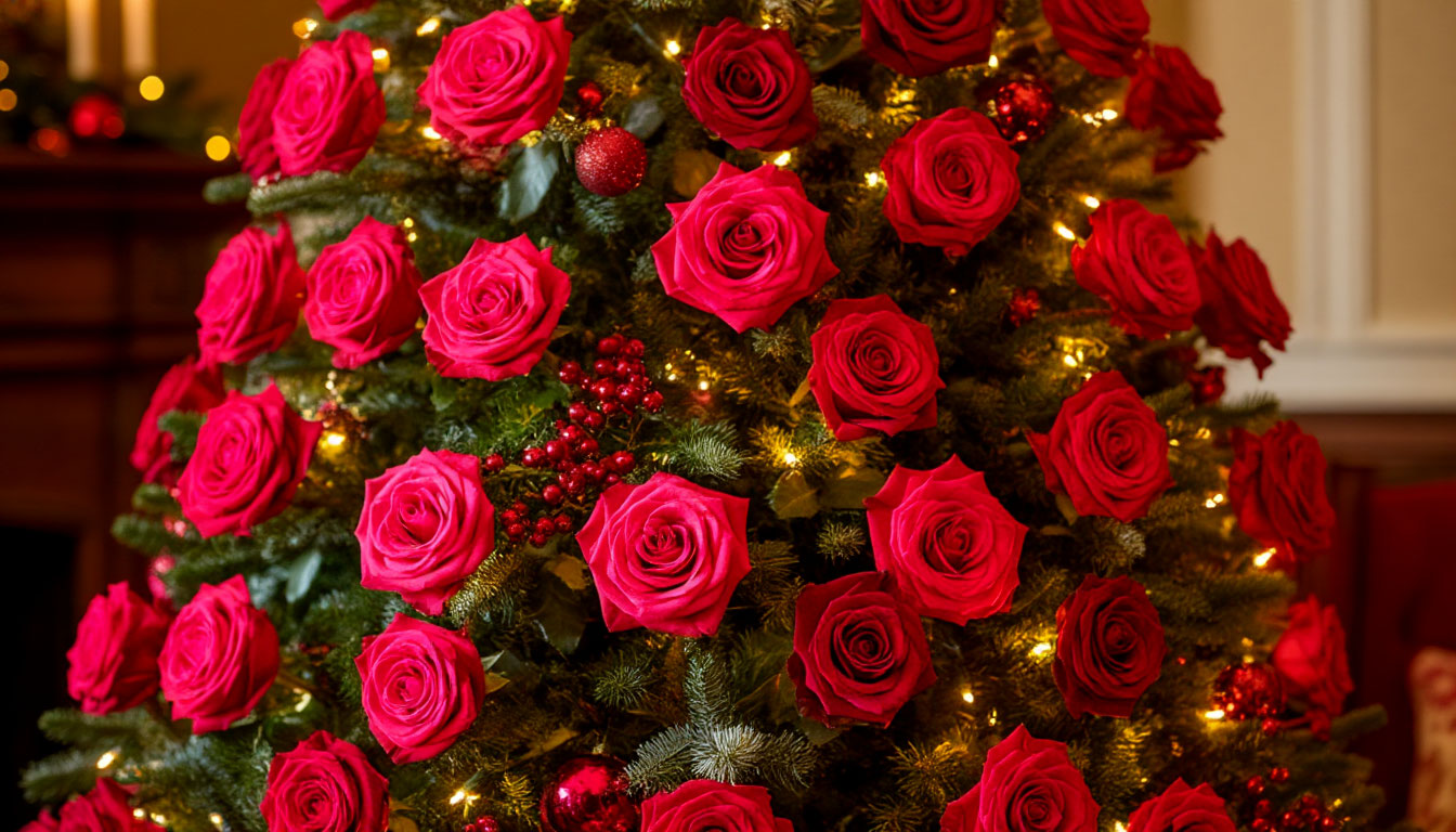 Бесплатная открытка Новогодняя ёлка из красных роз.