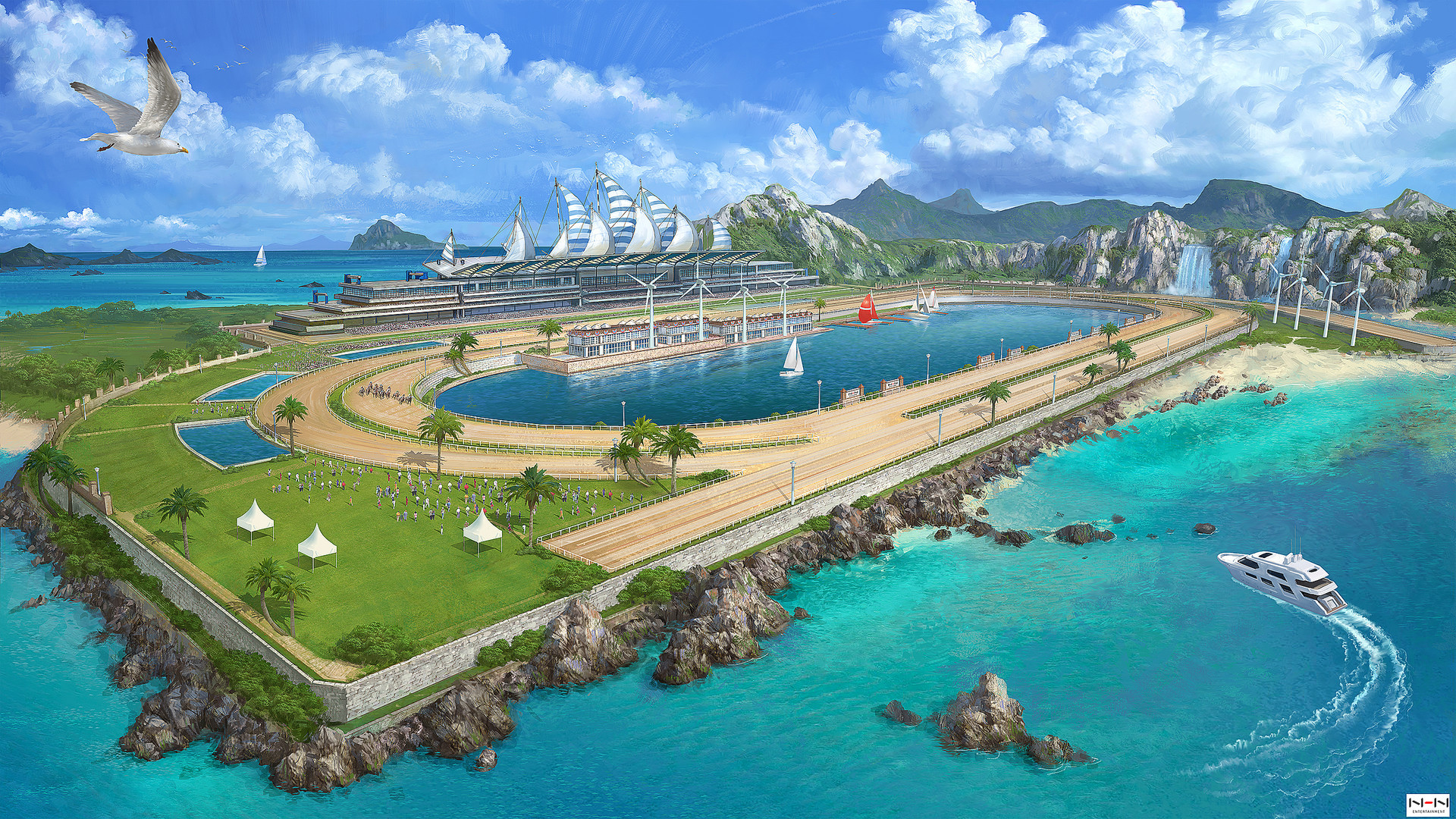 绘制一个拥有巨大游泳池的未来城市